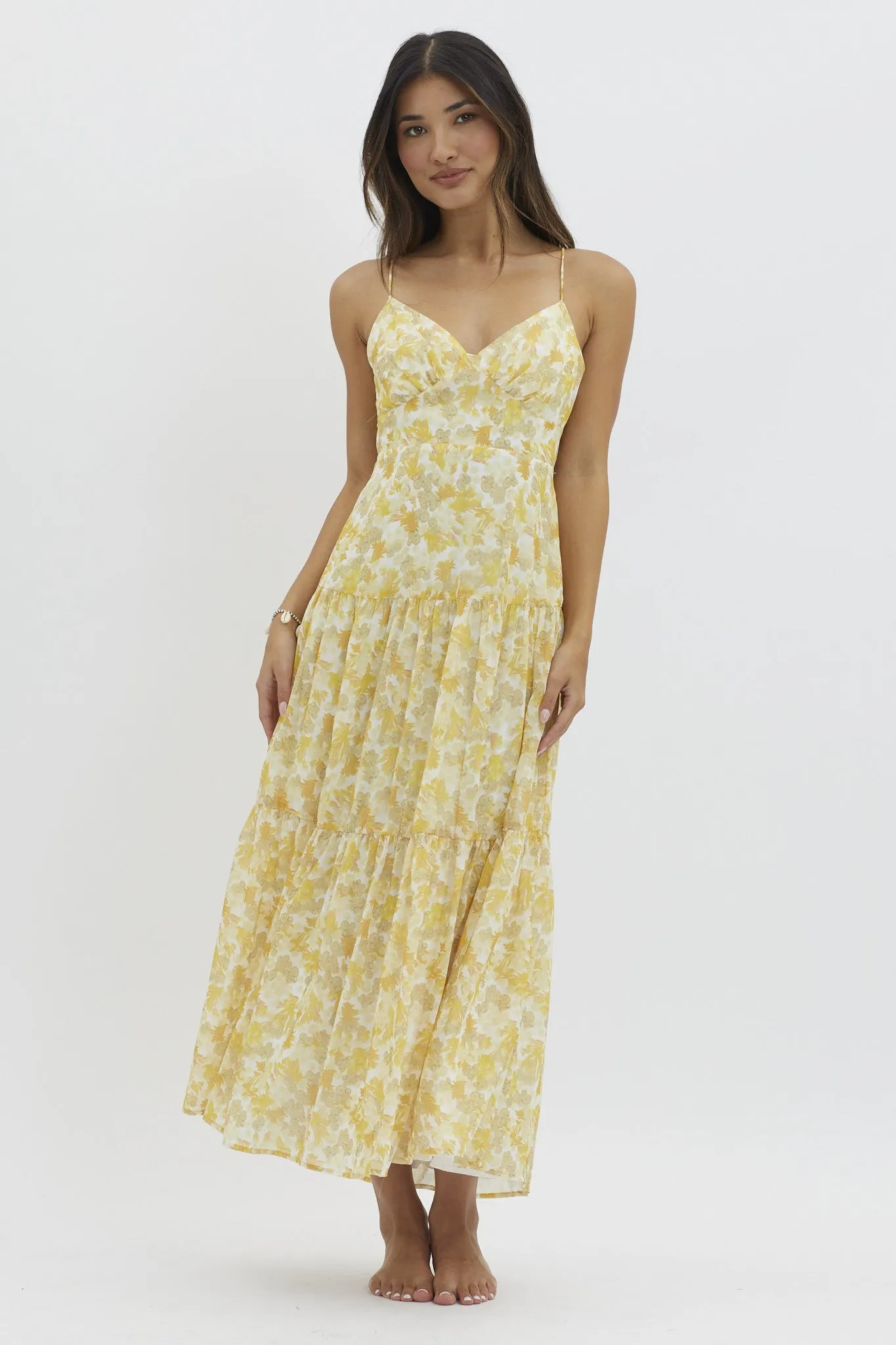 Yellow V Neckline Floral Print Maxi Dress sold by Pinkblush