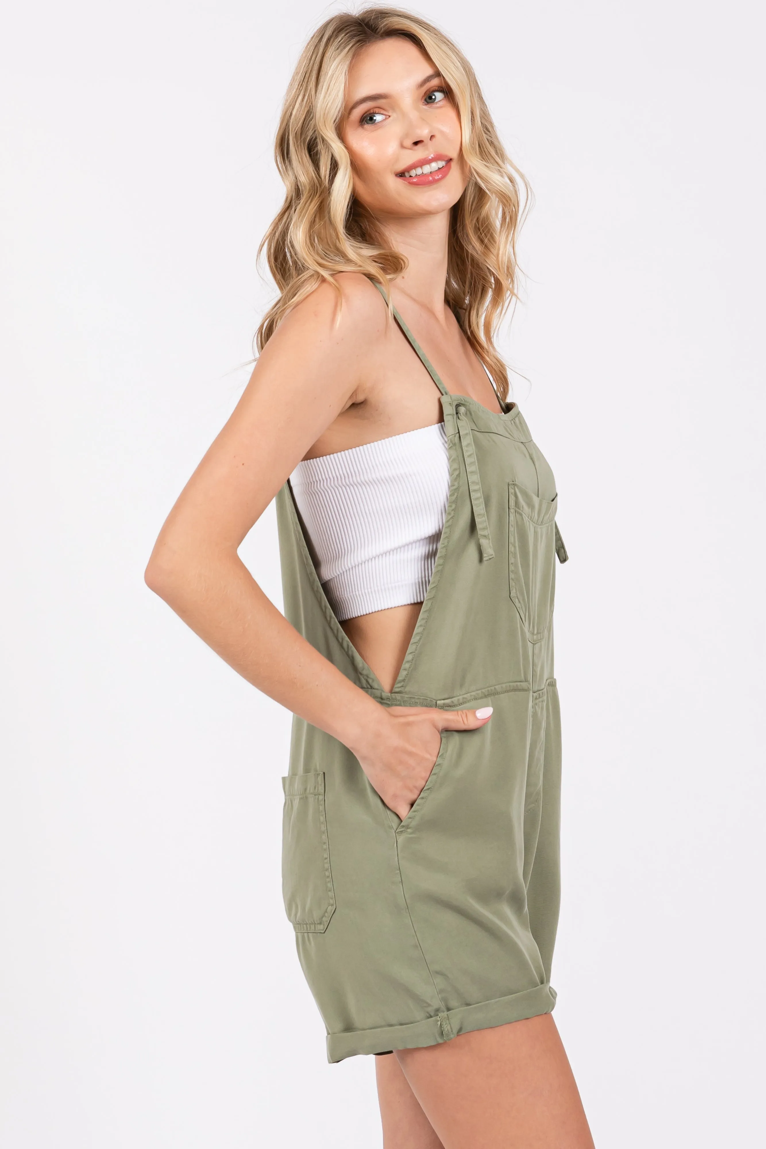Light Olive Front Pocket Overall Shorts sold by Pinkblush product image thumbnail 2