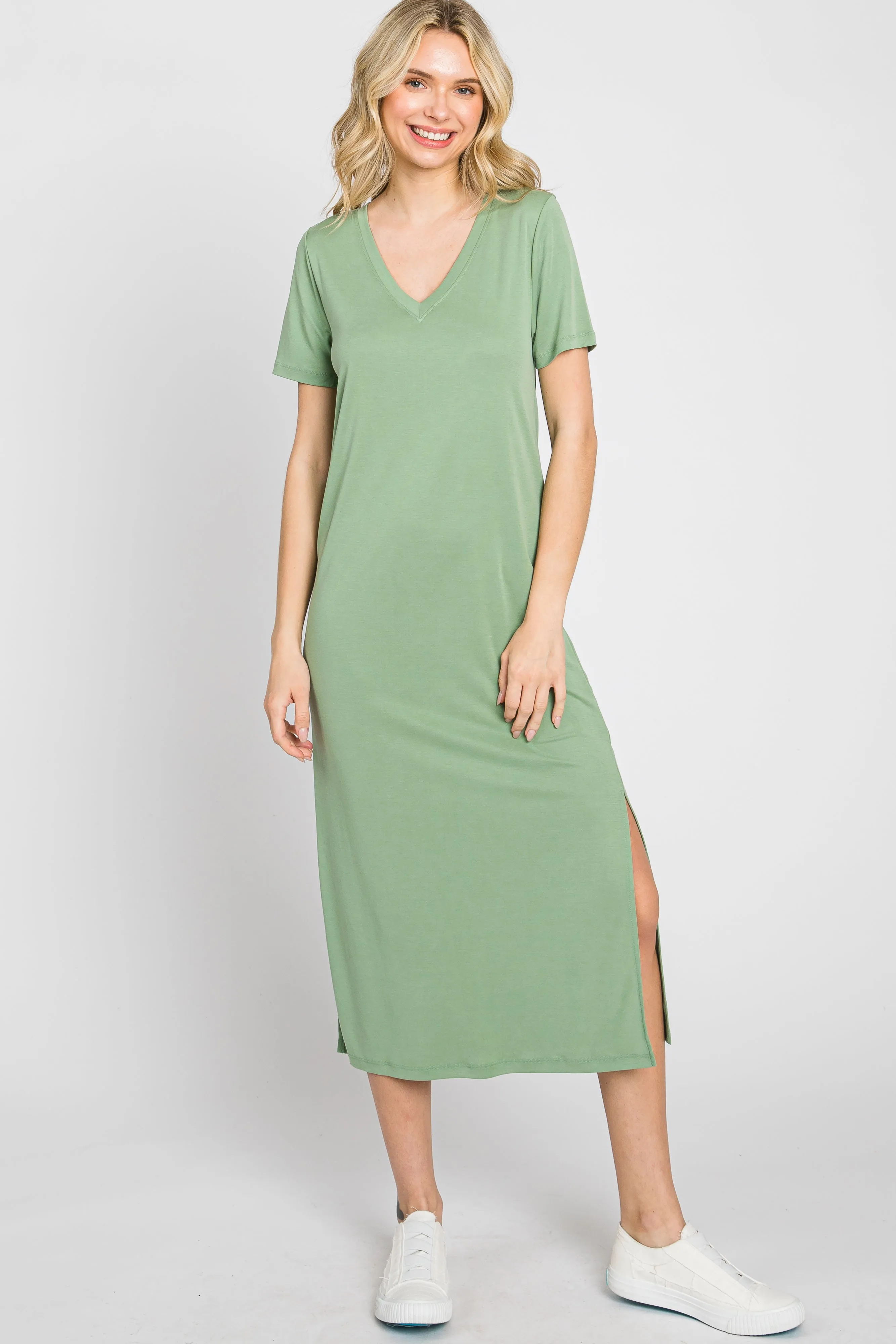 Sage V-Neck Short Sleeve Side Slit Midi Dress sold by Pinkblush product image thumbnail 2
