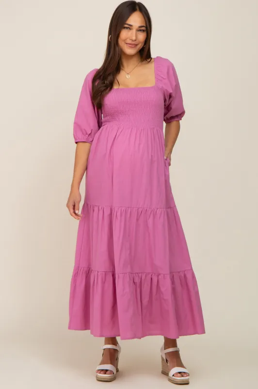 Fuchsia Square Neck Smocked Tiered Maternity Maxi Dress sold by Pinkblush
