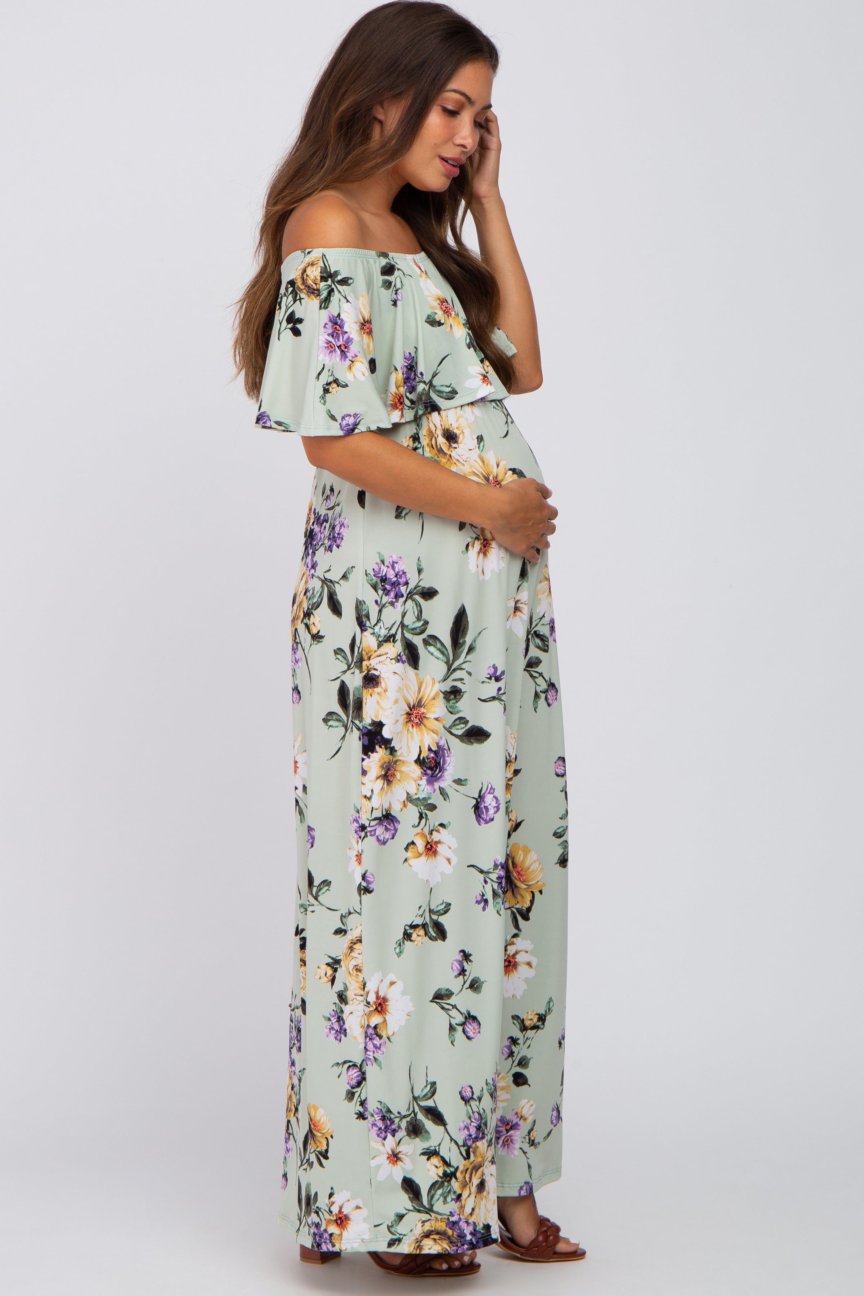 Sage Floral Off Shoulder Maternity Maxi Dress sold by Pinkblush product image thumbnail 2
