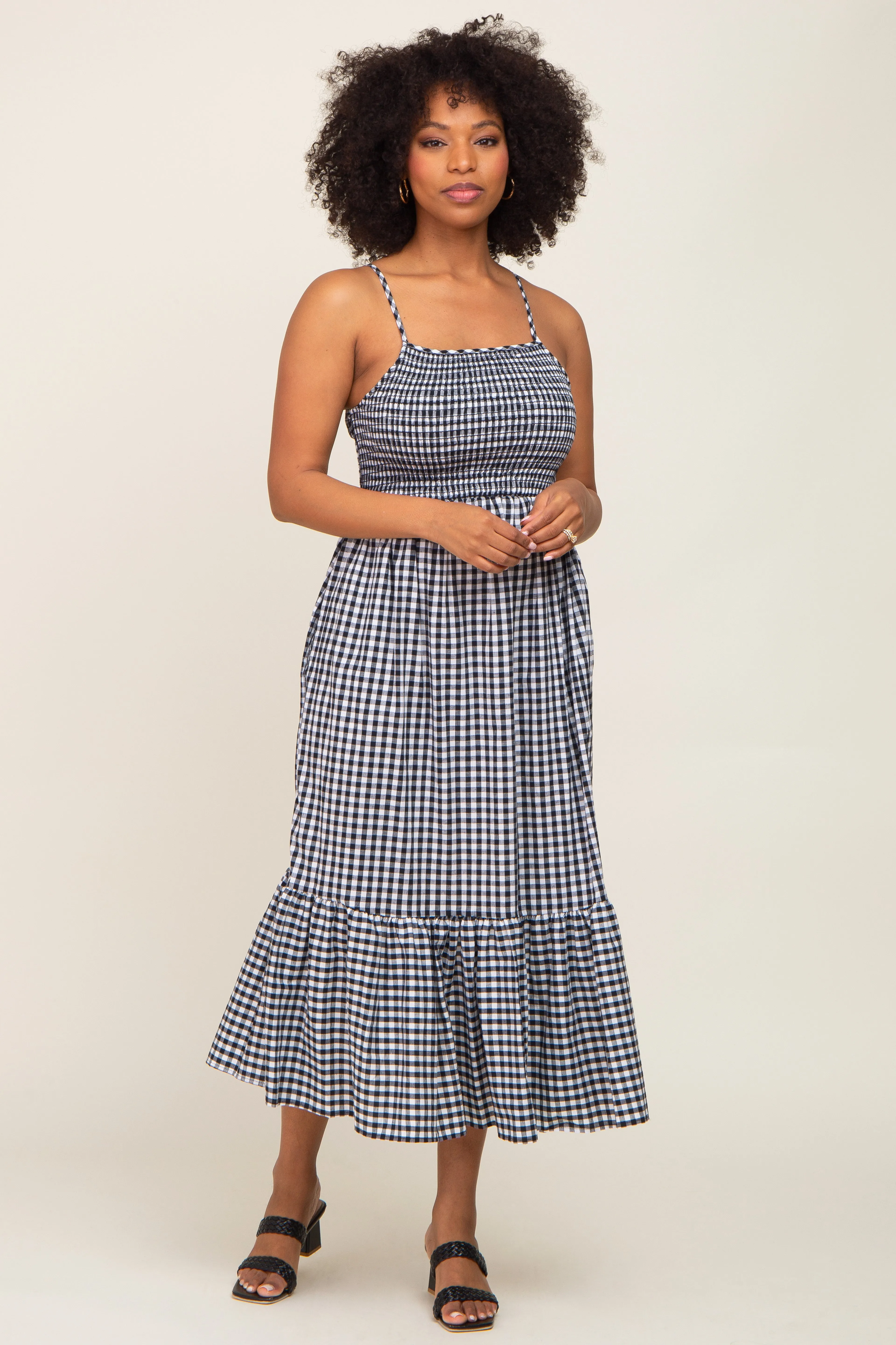 Black Gingham Smocked Midi Dress sold by Pinkblush