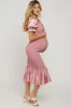 Pink Smocked Satin Maternity Midi Dress sold by Pinkblush