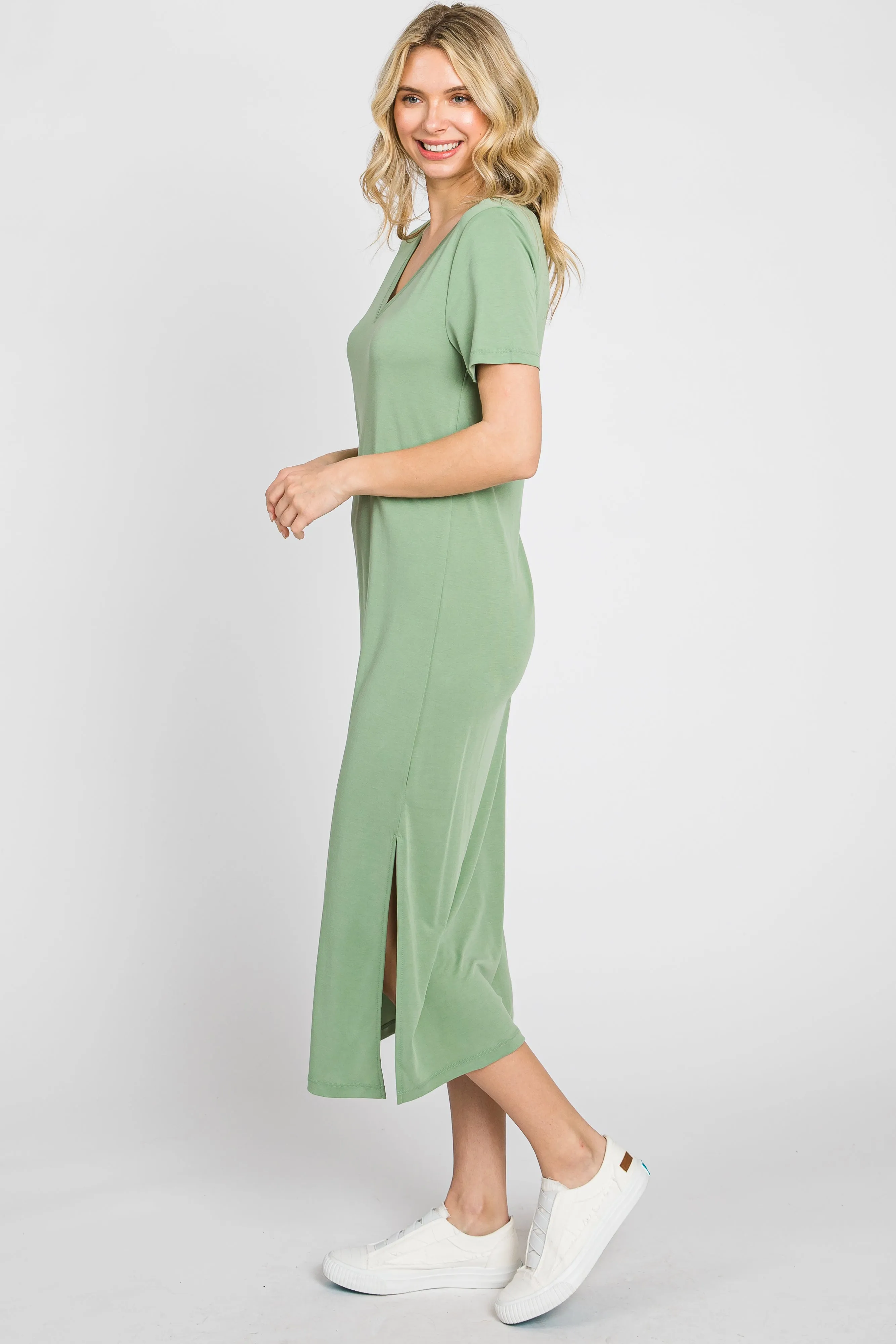 Sage V-Neck Short Sleeve Side Slit Midi Dress sold by Pinkblush product image thumbnail 3