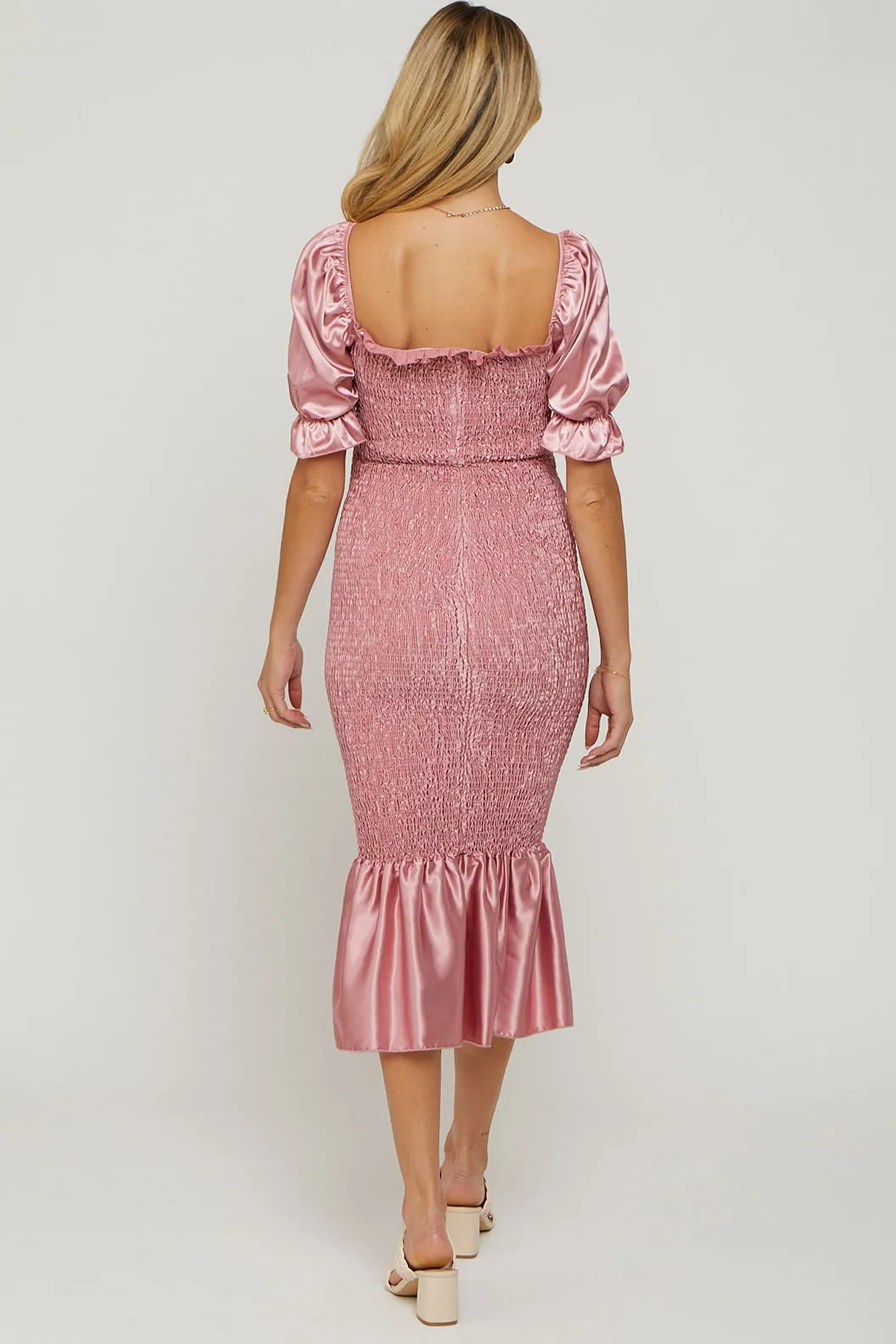 Pink Smocked Satin Maternity Midi Dress sold by Pinkblush product image thumbnail 3