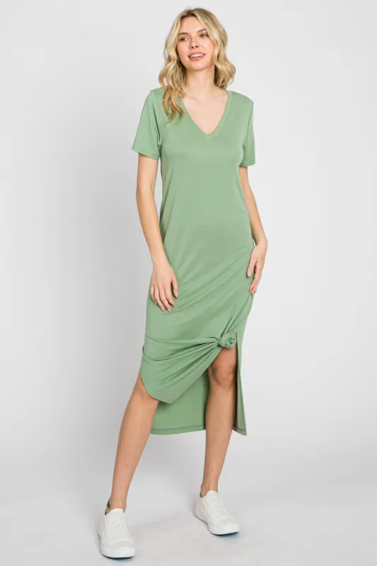 Sage V-Neck Short Sleeve Side Slit Midi Dress sold by Pinkblush