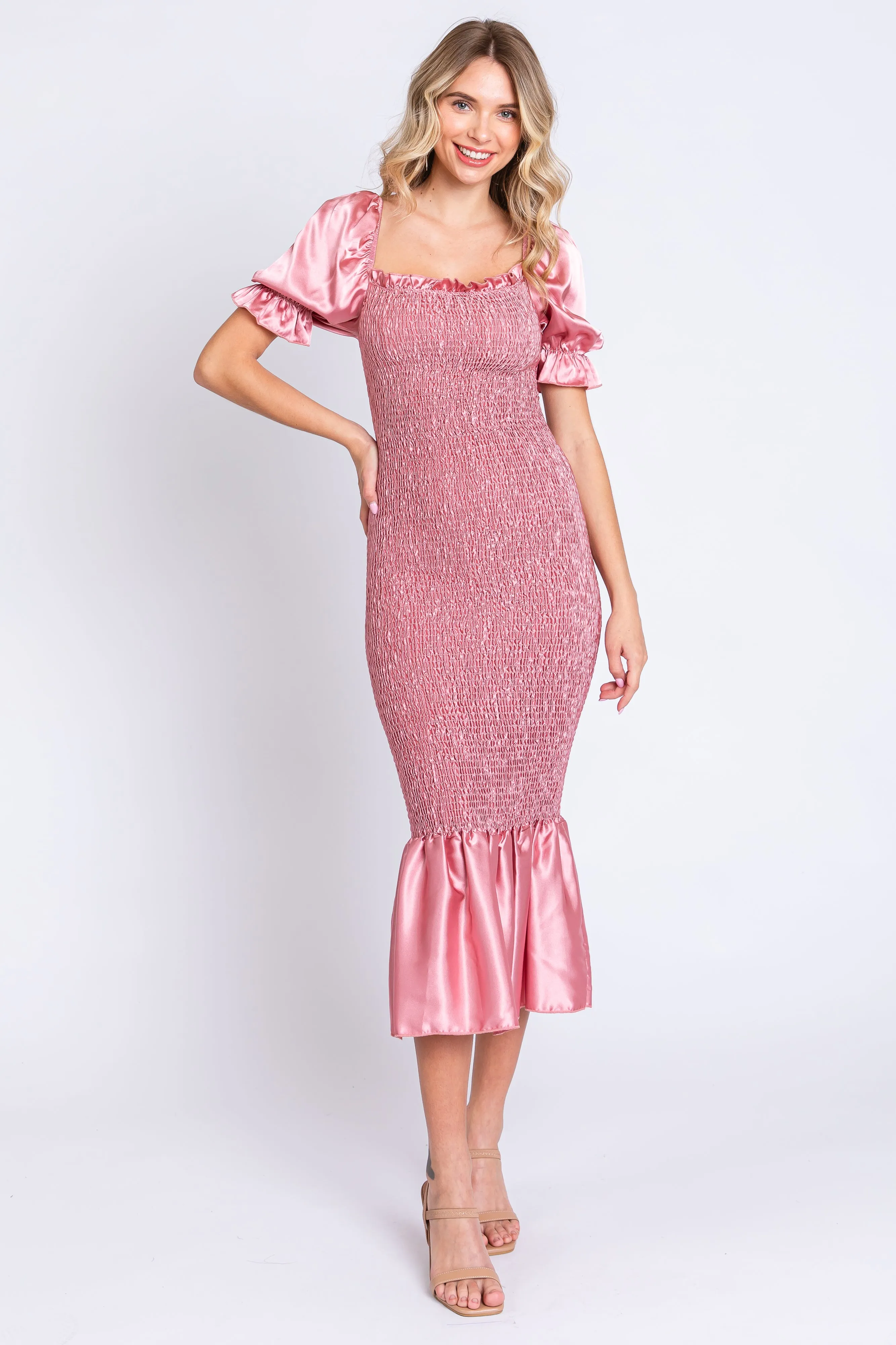 Pink Smocked Satin Maternity Midi Dress sold by Pinkblush product image thumbnail 4