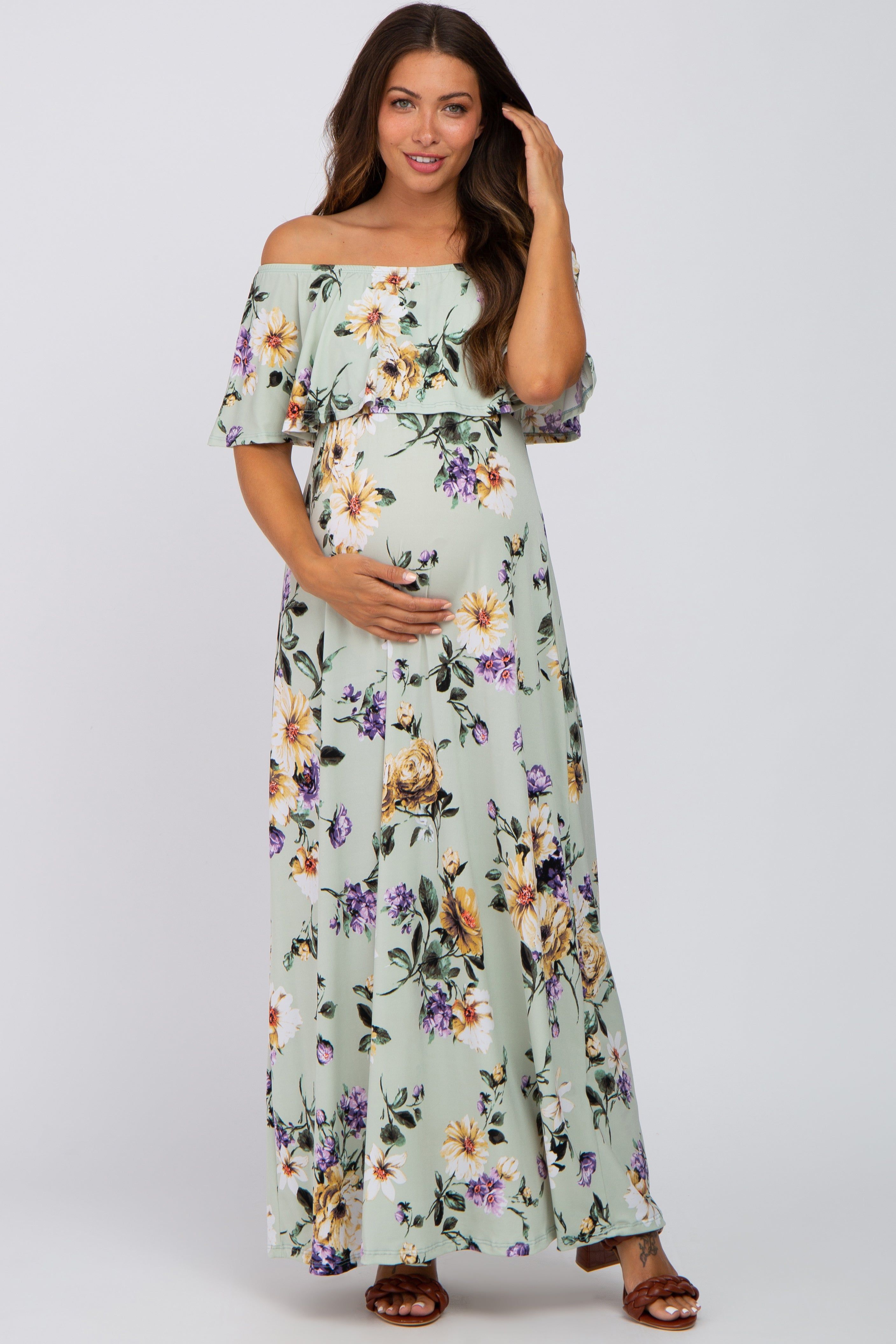 Sage Floral Off Shoulder Maternity Maxi Dress sold by Pinkblush