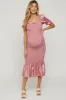 Pink Smocked Satin Maternity Midi Dress sold by Pinkblush