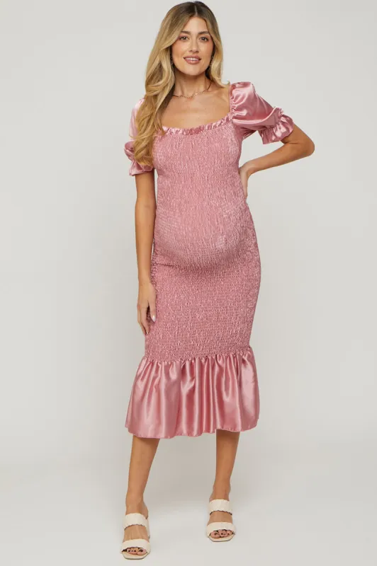Pink Smocked Satin Maternity Midi Dress sold by Pinkblush