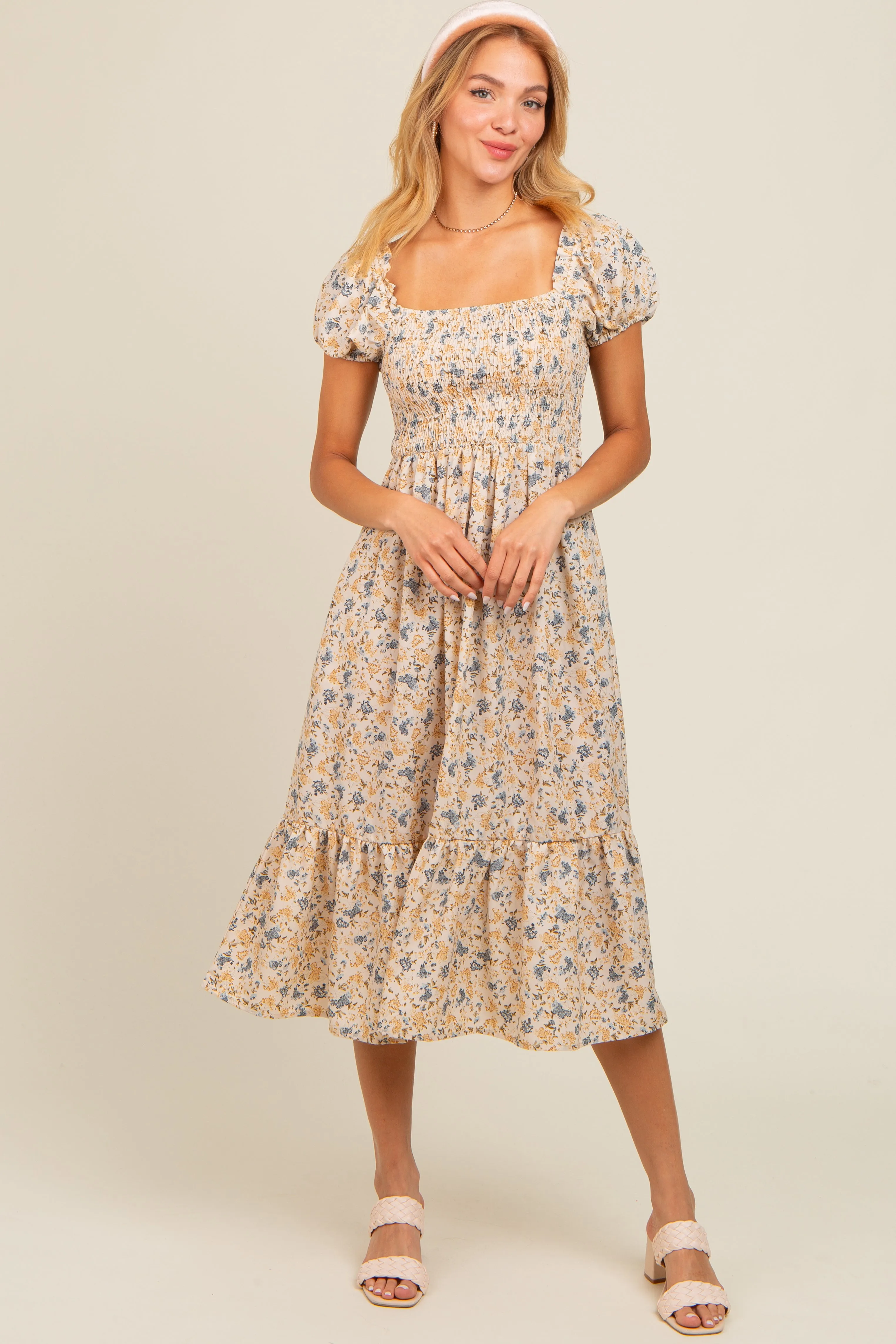 Cream Floral Smocked Ruffle Hem Maternity Midi Dress sold by Pinkblush product image thumbnail 5