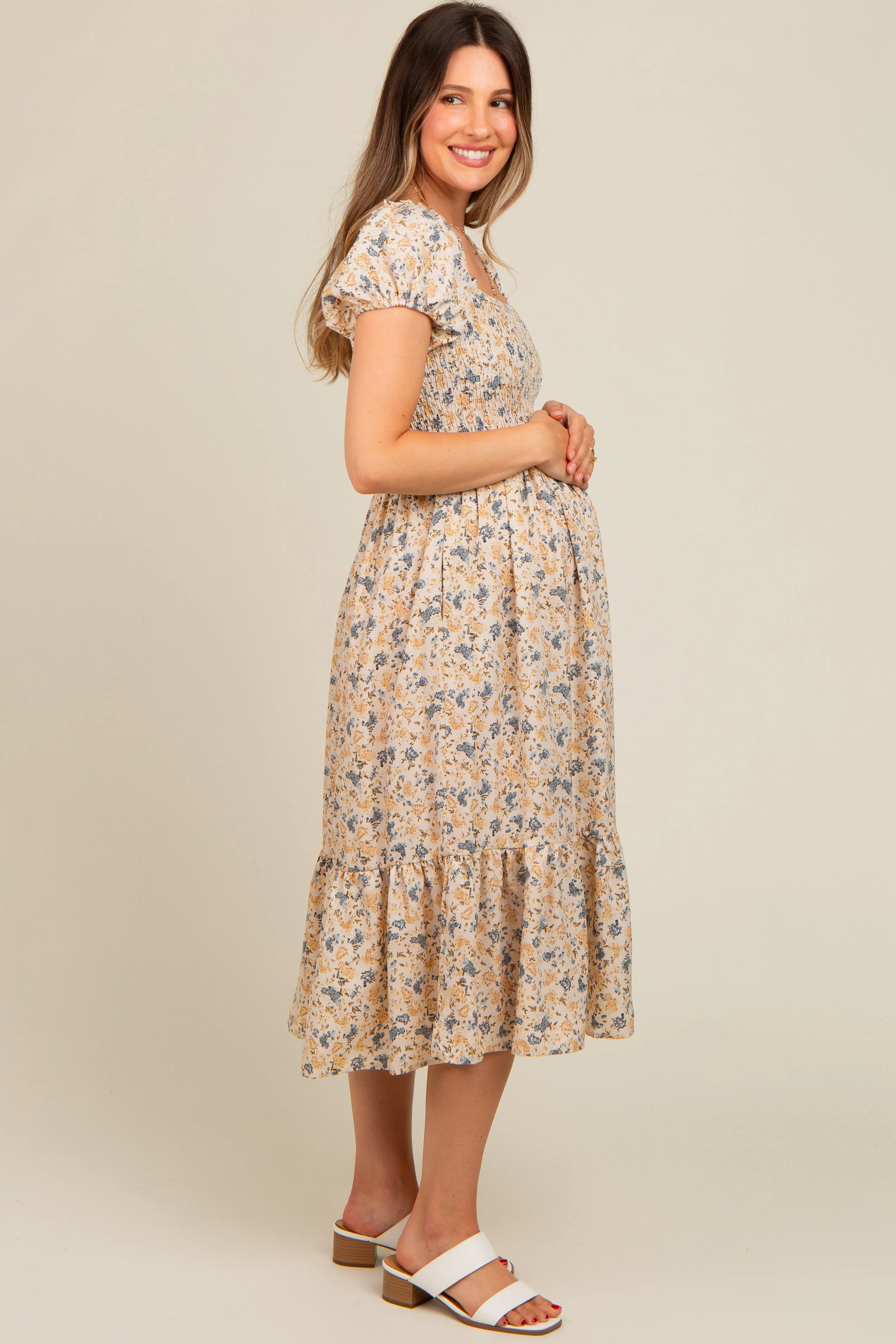 Cream Floral Smocked Ruffle Hem Maternity Midi Dress sold by Pinkblush product image thumbnail 3