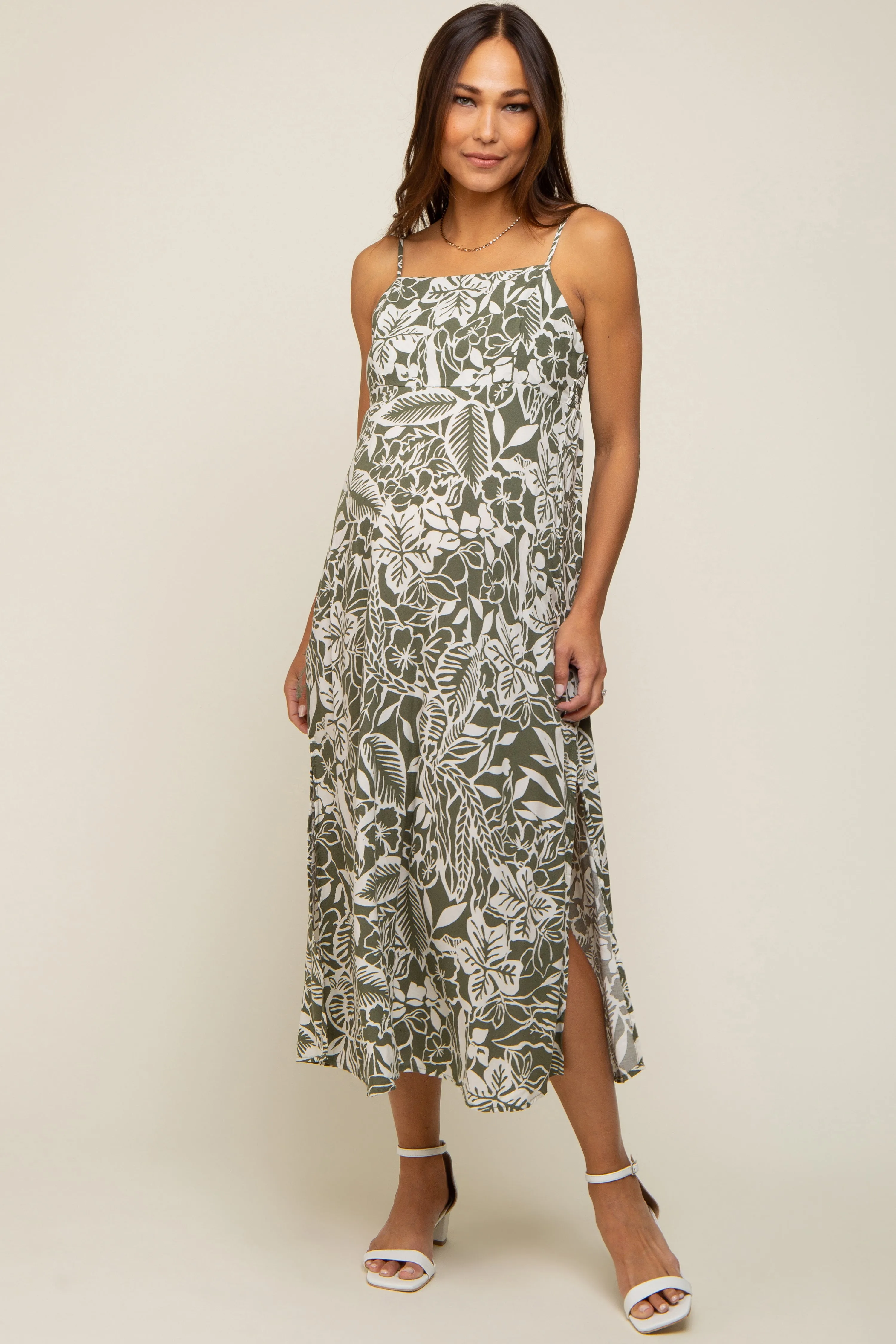 Olive Floral Side Slit Maternity Midi Dress sold by Pinkblush