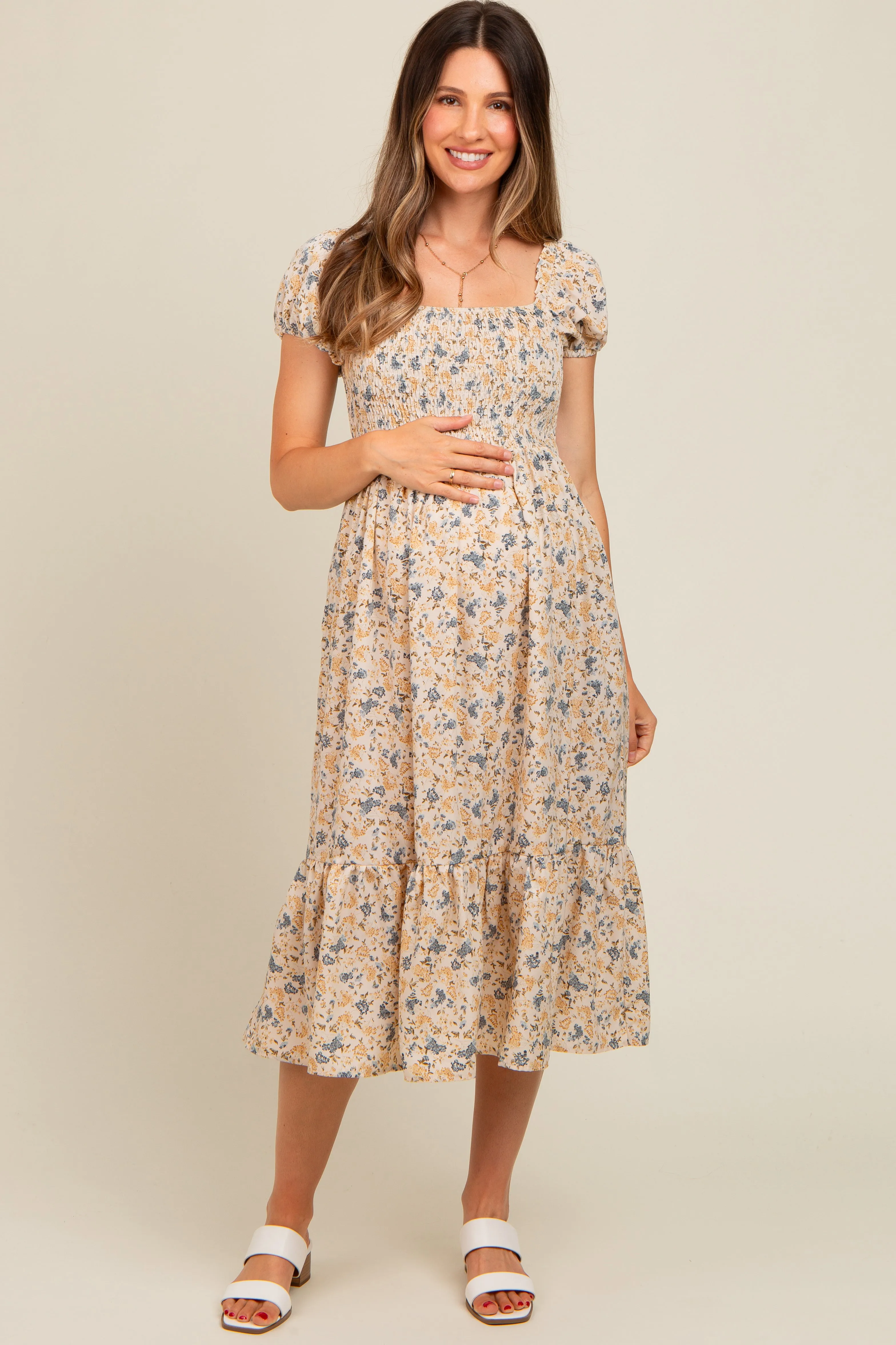 Cream Floral Smocked Ruffle Hem Maternity Midi Dress sold by Pinkblush