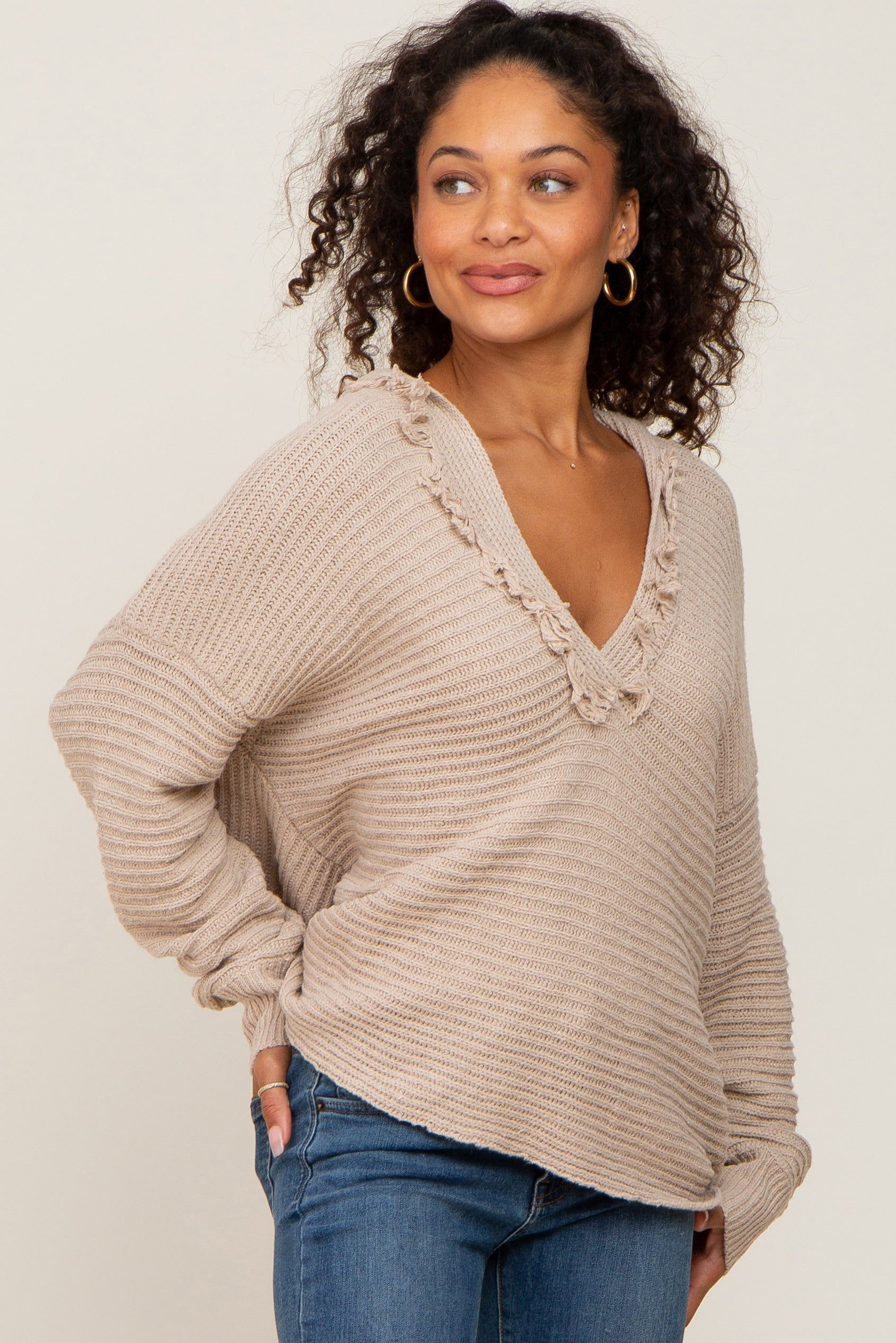 Beige Fringe Trim Rib Knit Maternity Hoodie sold by Pinkblush product image thumbnail 5
