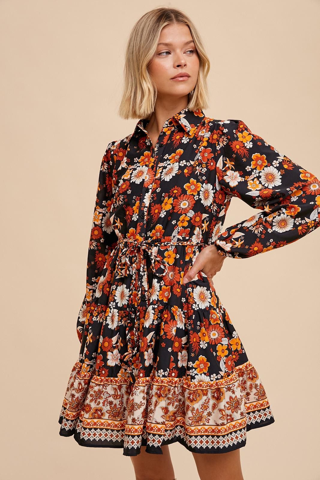 Black Border Print Floral Button Down Shirt Dress sold by Pinkblush product image thumbnail 2