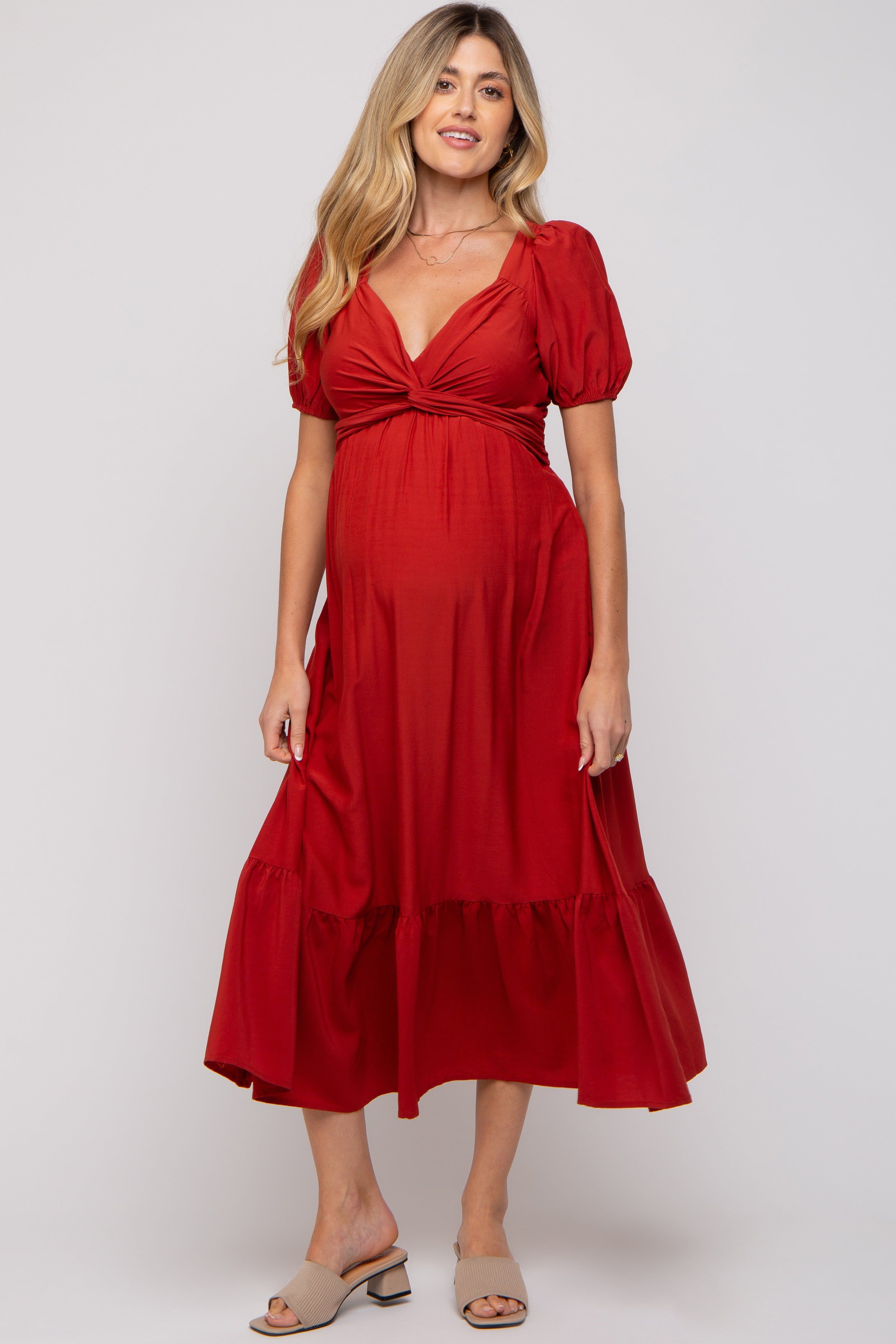 Rust Open Back Maternity Midi Dress sold by Pinkblush