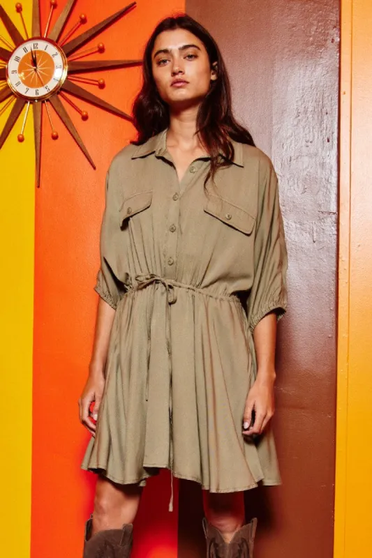 Olive Solid Flare Mini Dress sold by Pinkblush