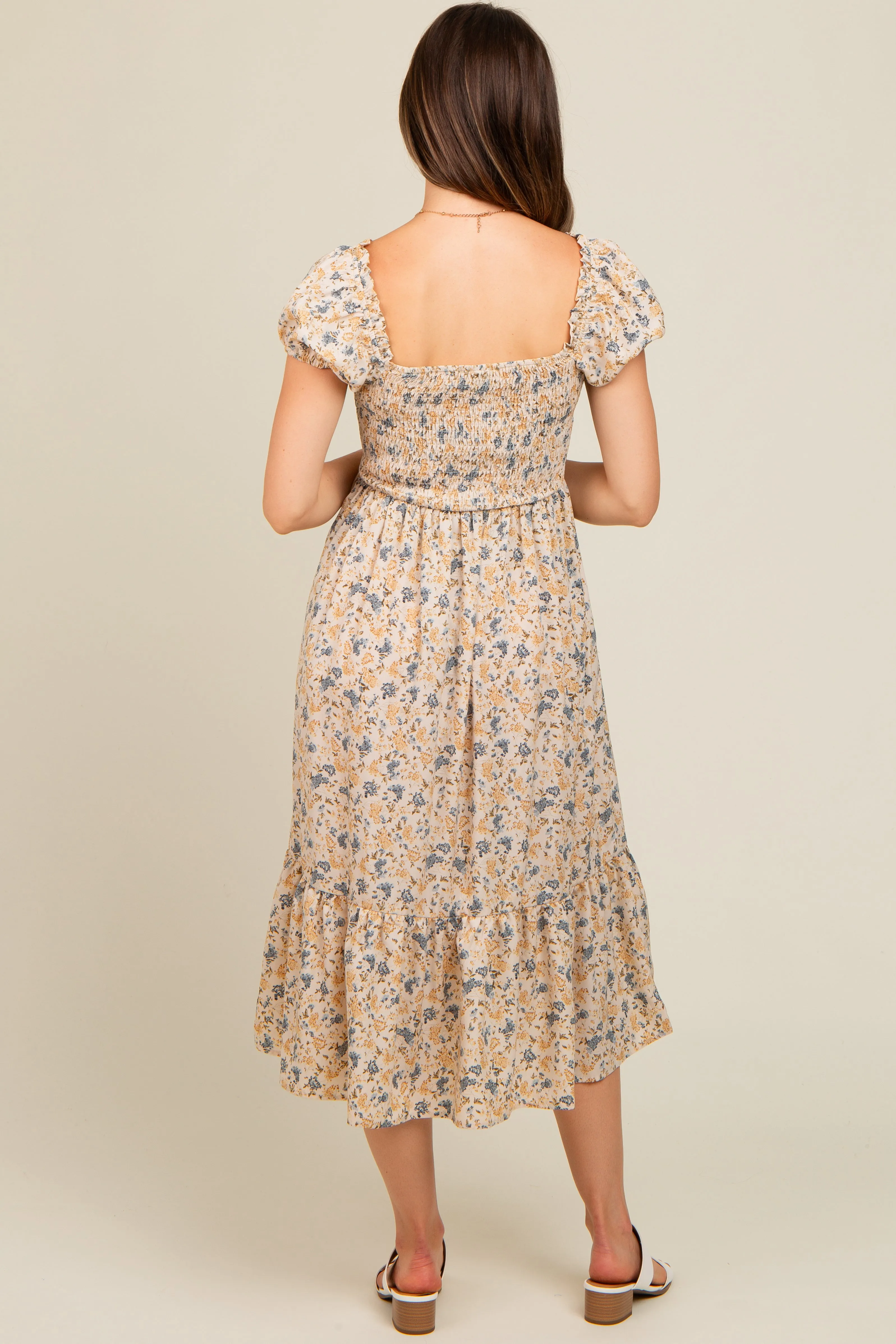 Cream Floral Smocked Ruffle Hem Maternity Midi Dress sold by Pinkblush product image thumbnail 4