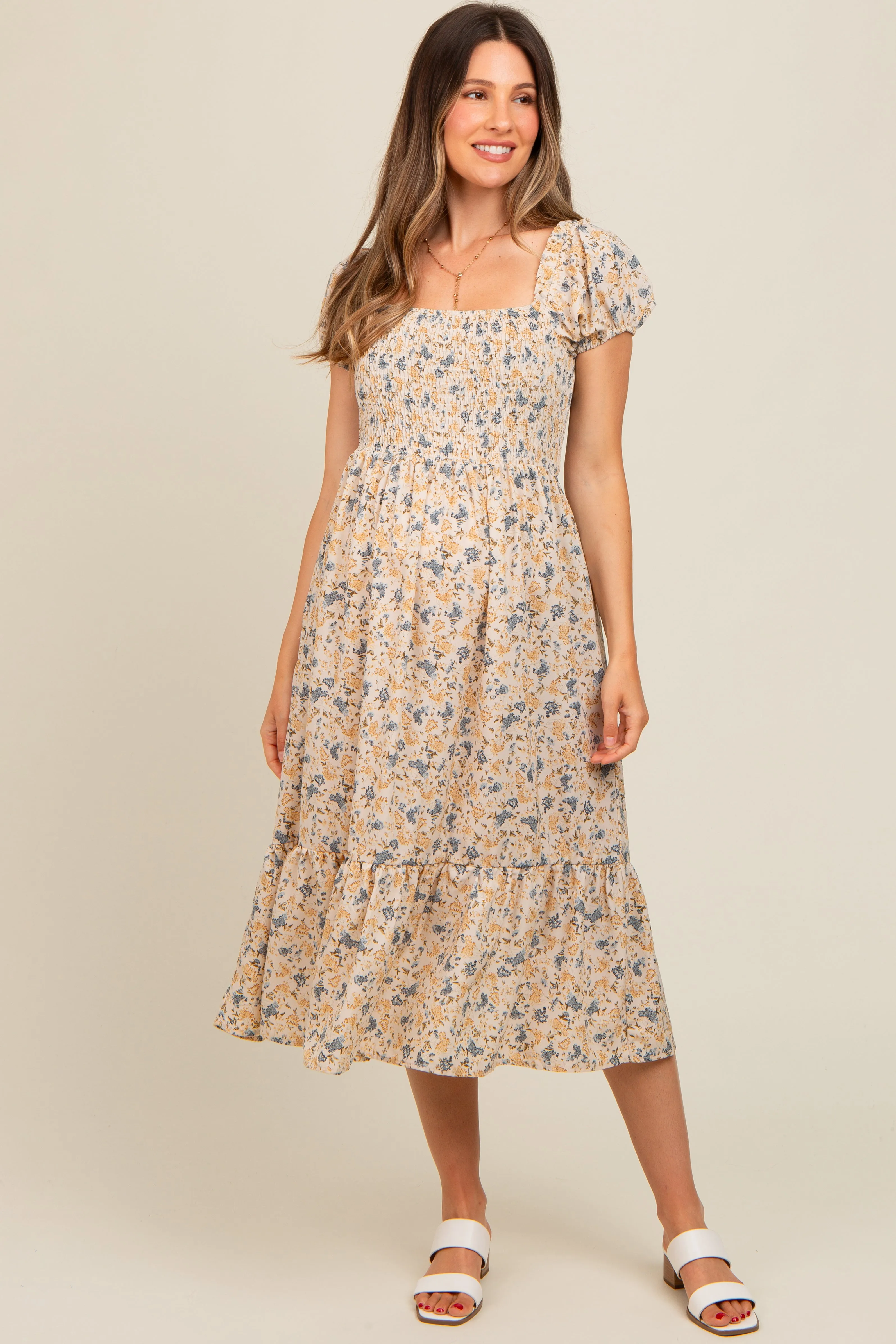 Cream Floral Smocked Ruffle Hem Maternity Midi Dress sold by Pinkblush product image thumbnail 2