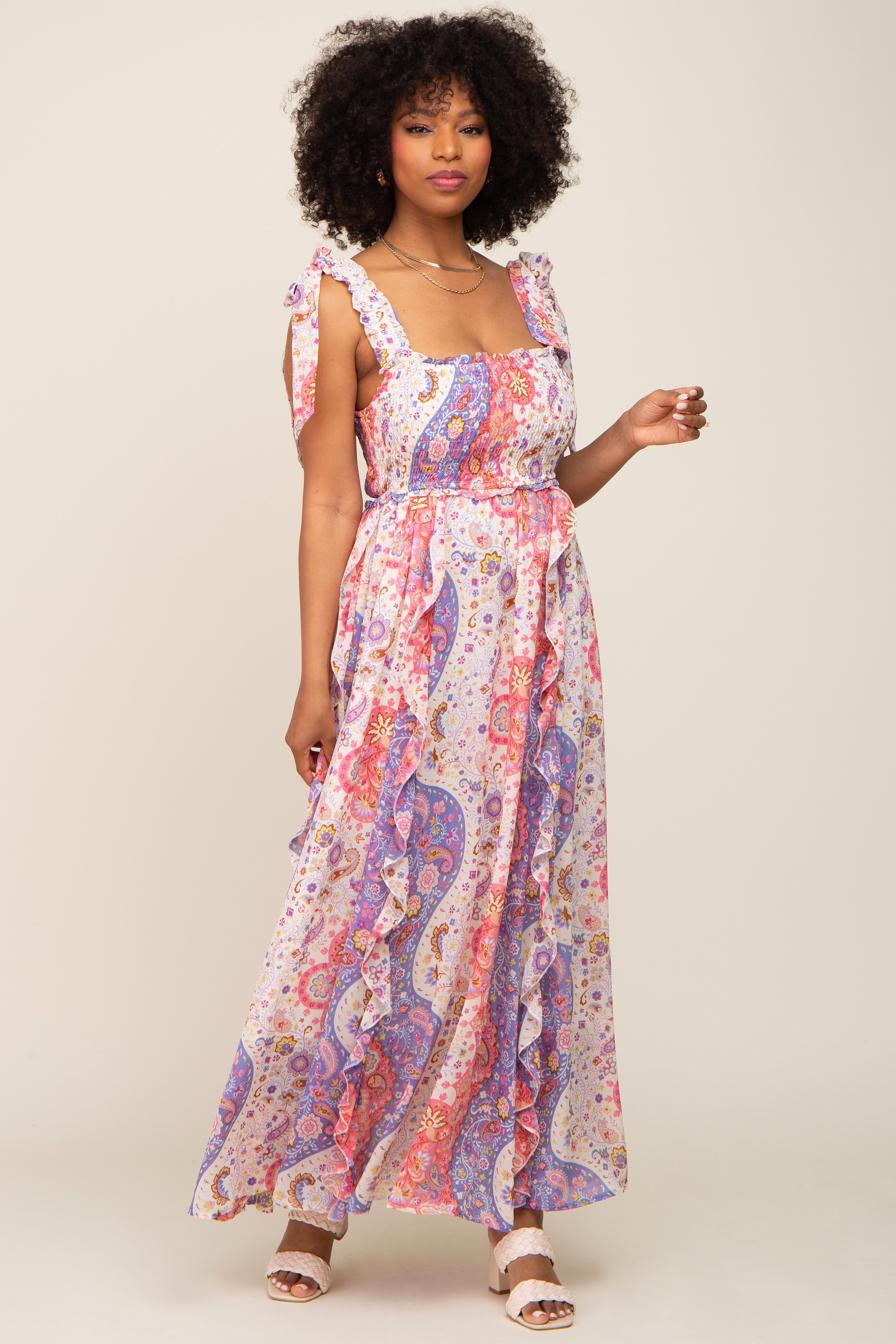 Pink Paisley Print Sleeveless Ruffle Maternity Maxi Dress sold by Pinkblush product image thumbnail 5