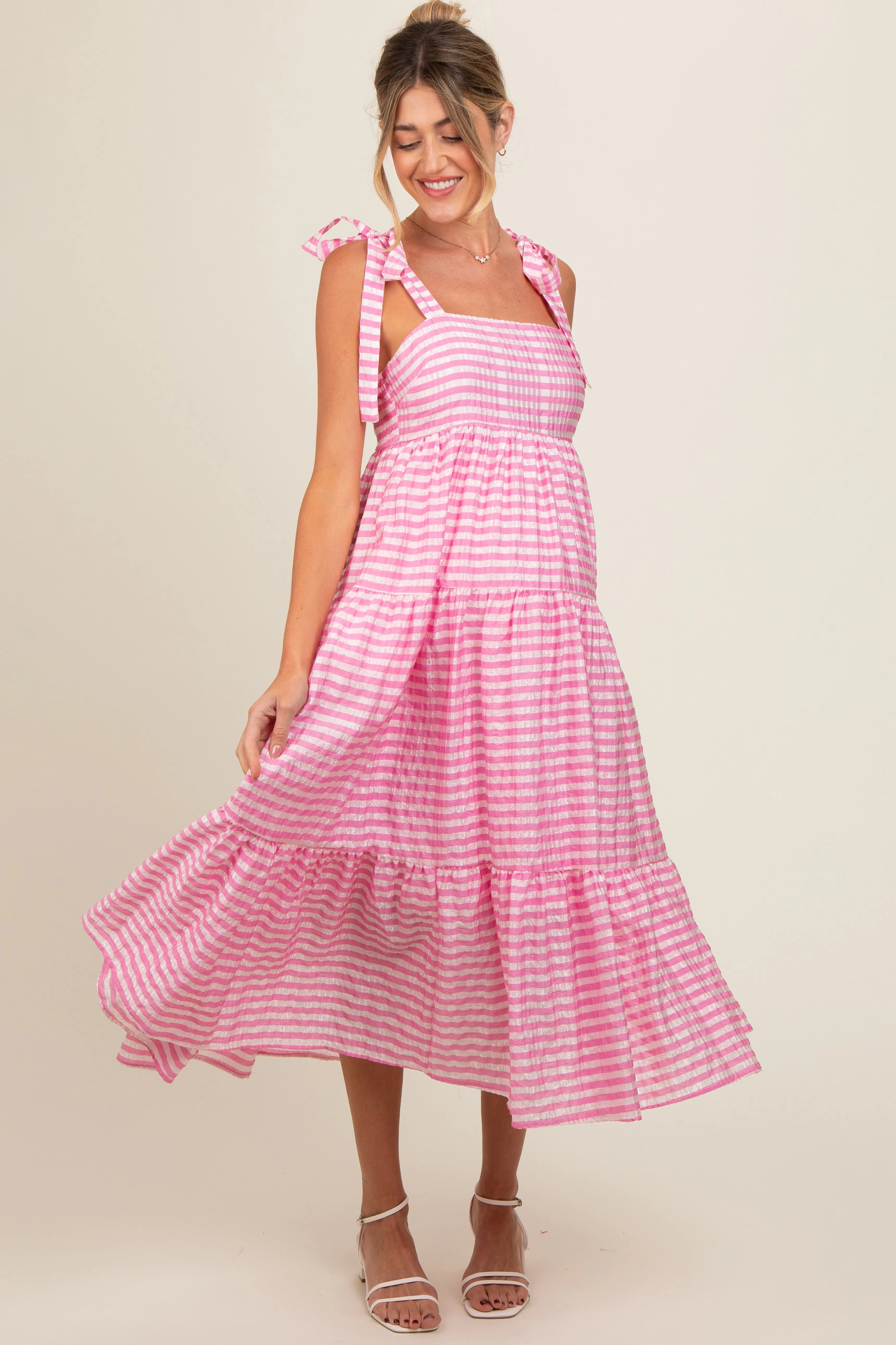 Pink Gingham Shoulder Tie Maternity Dress sold by Pinkblush