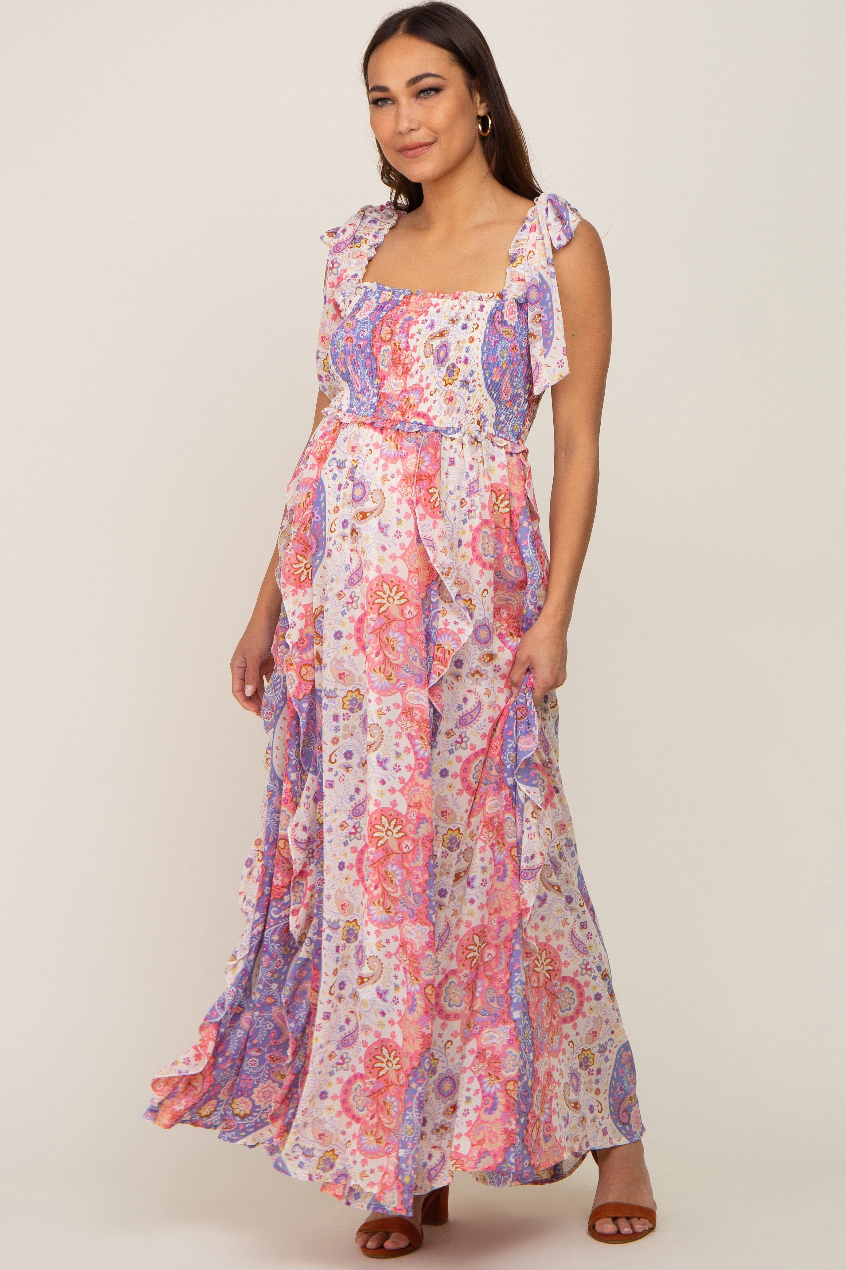 Pink Paisley Print Sleeveless Ruffle Maternity Maxi Dress sold by Pinkblush product image thumbnail 2