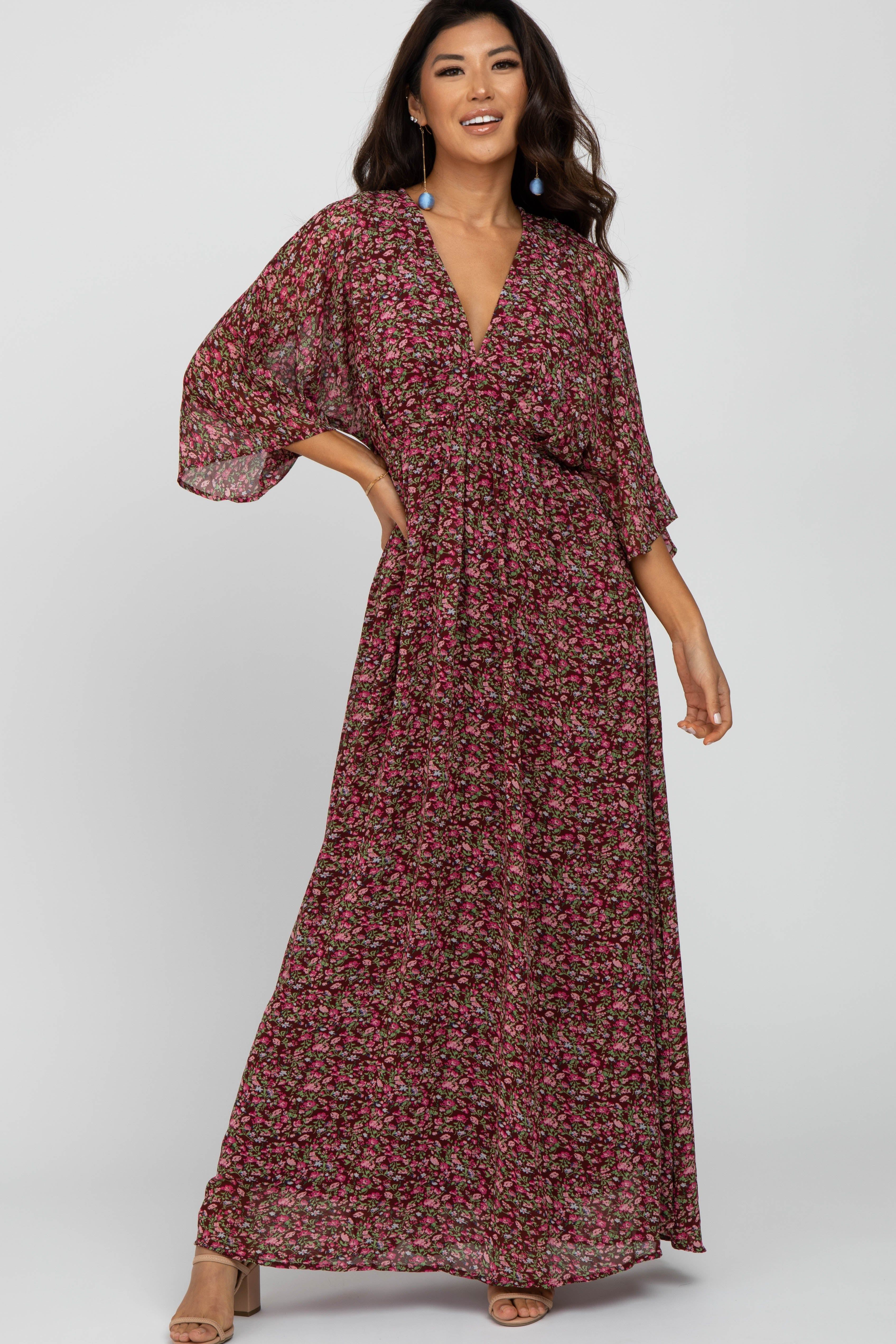 Burgundy Floral V-Neck Maxi Dress sold by Pinkblush product image thumbnail 2