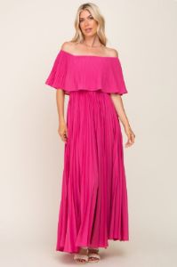 Fuchsia Pleated Layered Off Shoulder Maxi Dress sold by Pinkblush
