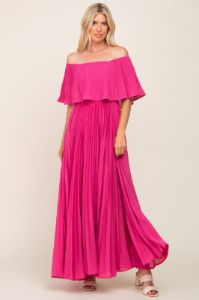 Fuchsia Pleated Layered Off Shoulder Maxi Dress sold by Pinkblush