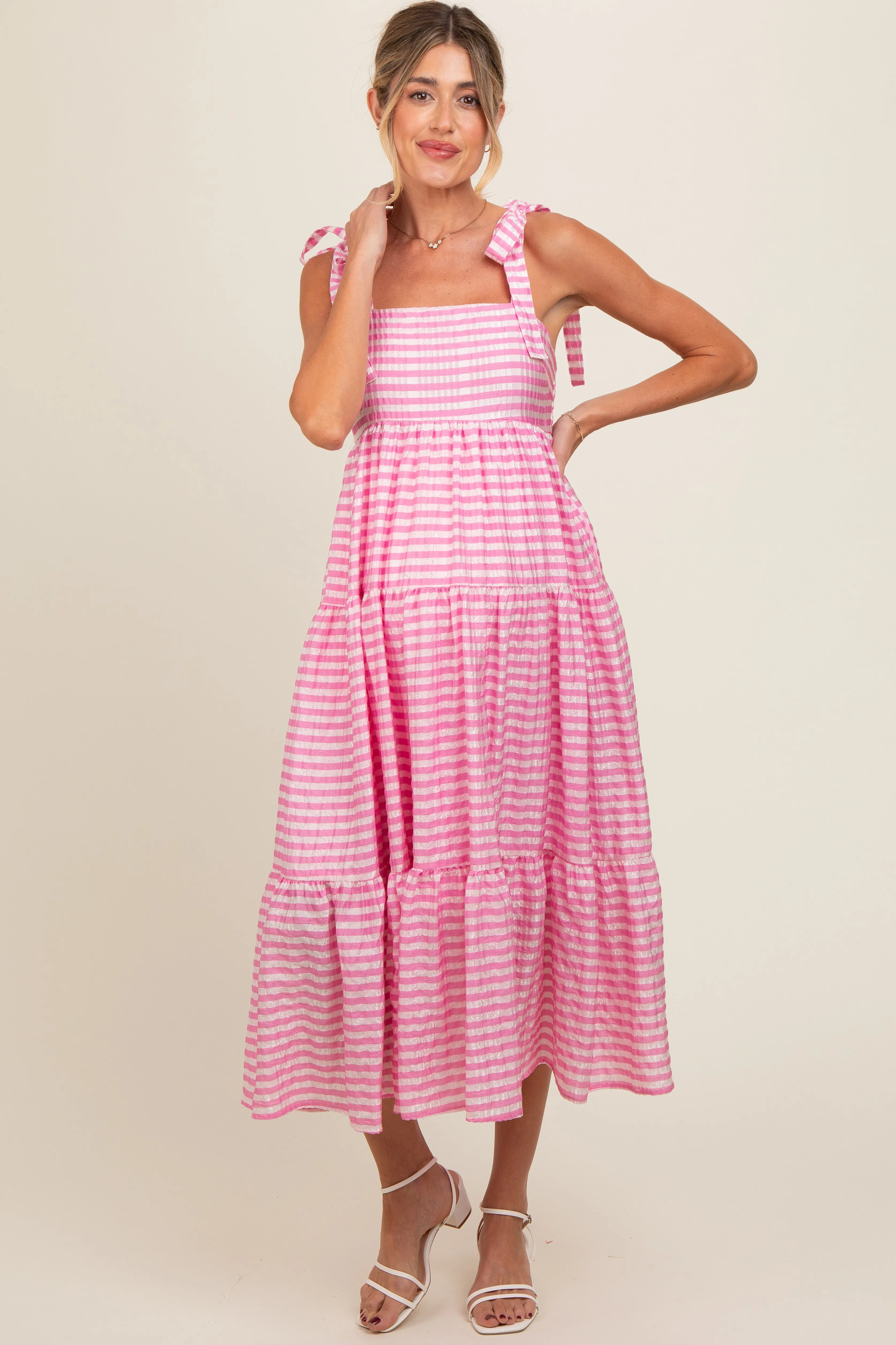 Pink Gingham Shoulder Tie Maternity Dress sold by Pinkblush product image thumbnail 2