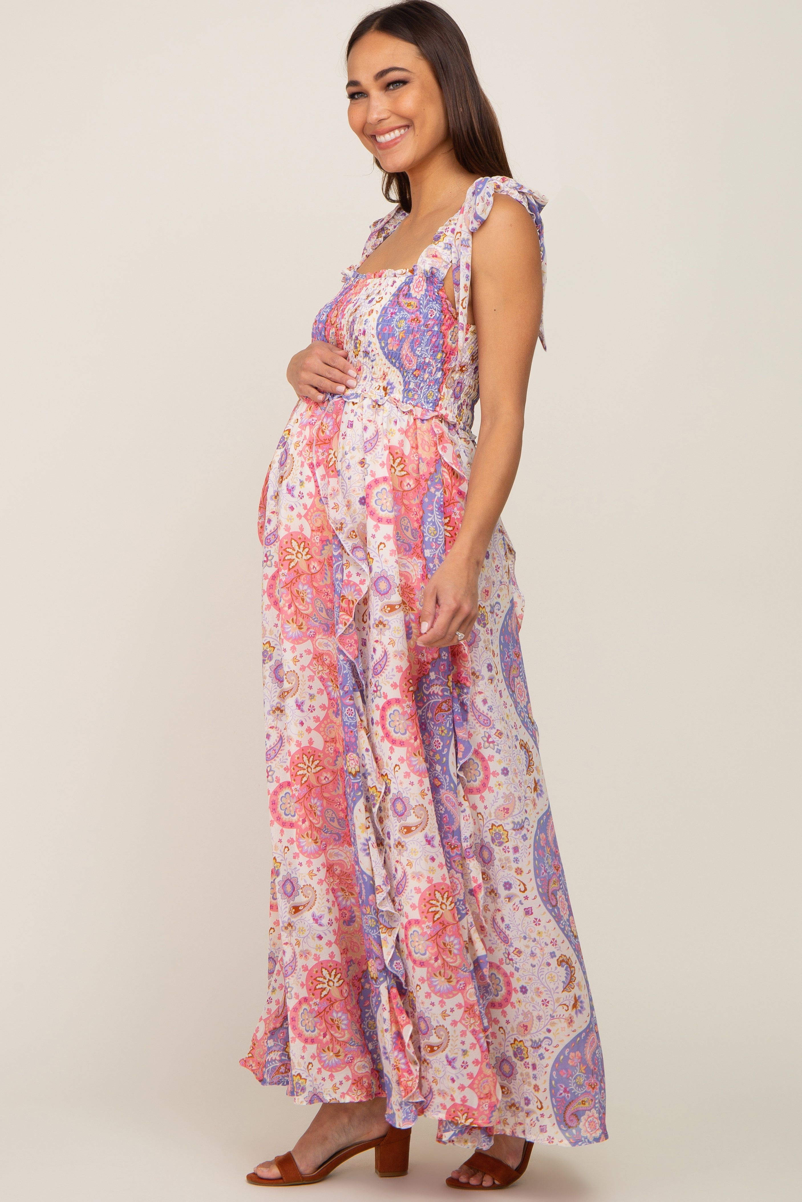 Pink Paisley Print Sleeveless Ruffle Maternity Maxi Dress sold by Pinkblush product image thumbnail 3