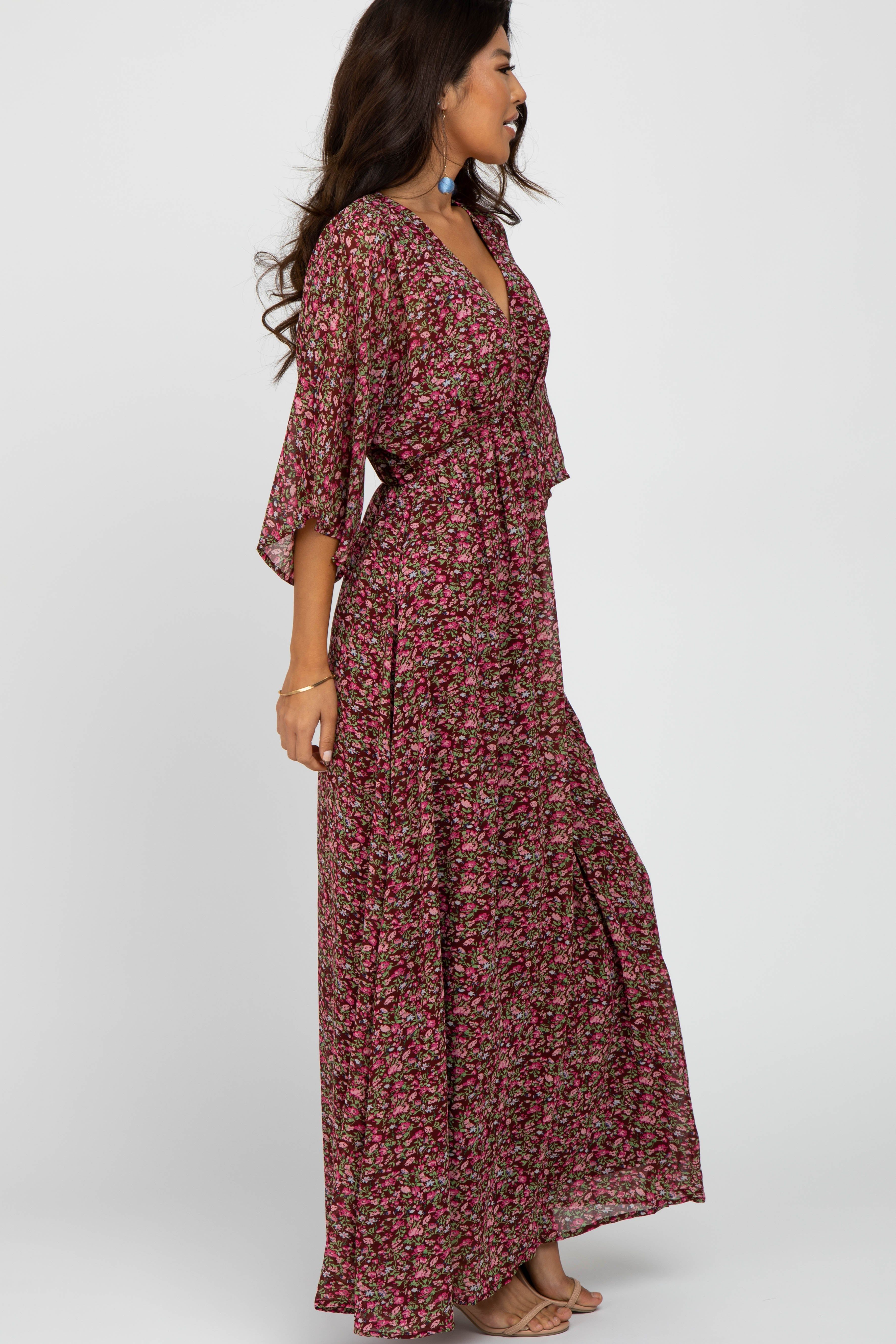 Burgundy Floral V-Neck Maxi Dress sold by Pinkblush product image thumbnail 3