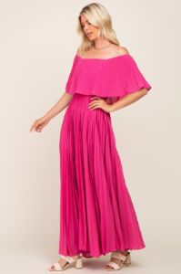 Fuchsia Pleated Layered Off Shoulder Maxi Dress sold by Pinkblush