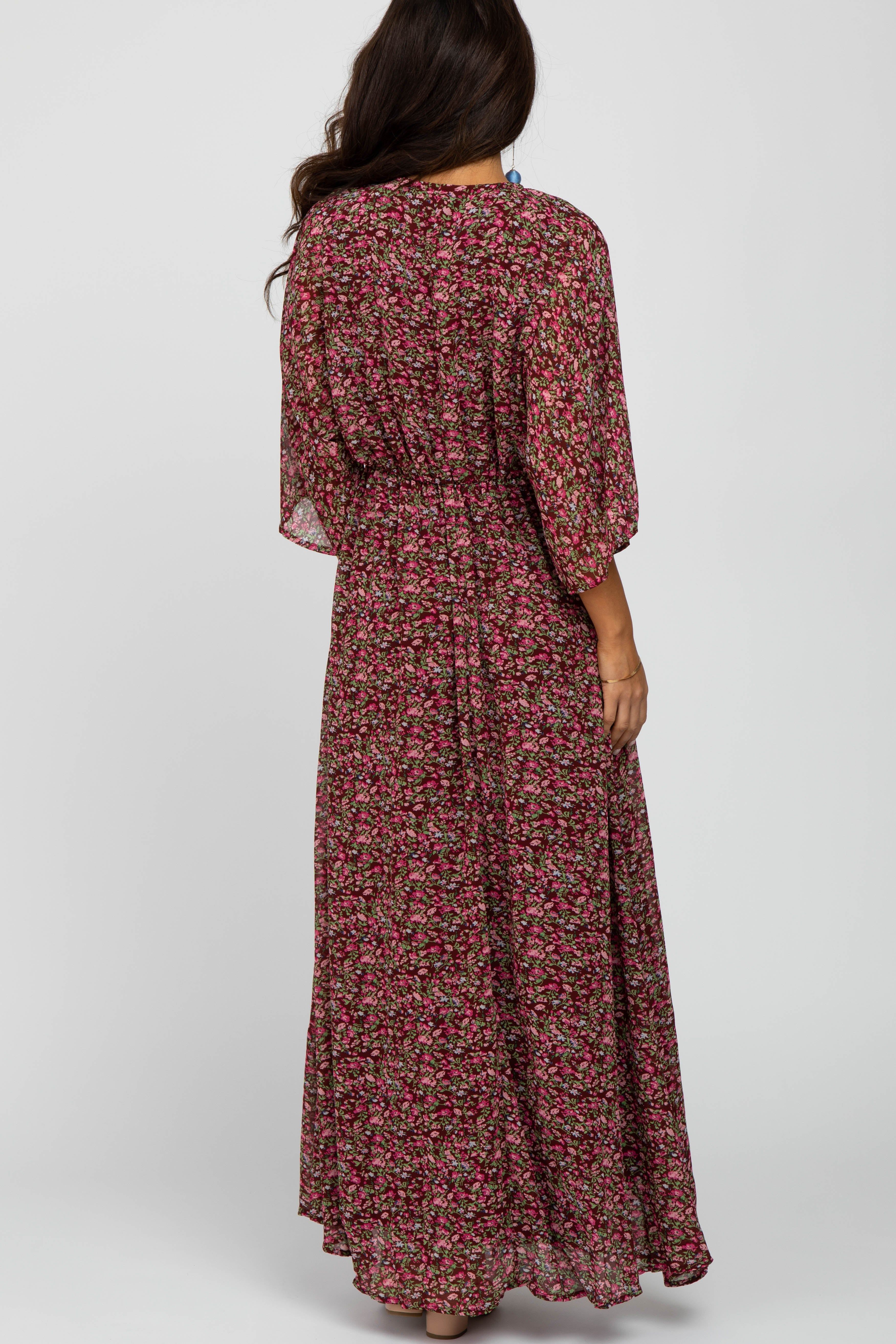 Burgundy Floral V-Neck Maxi Dress sold by Pinkblush product image thumbnail 4