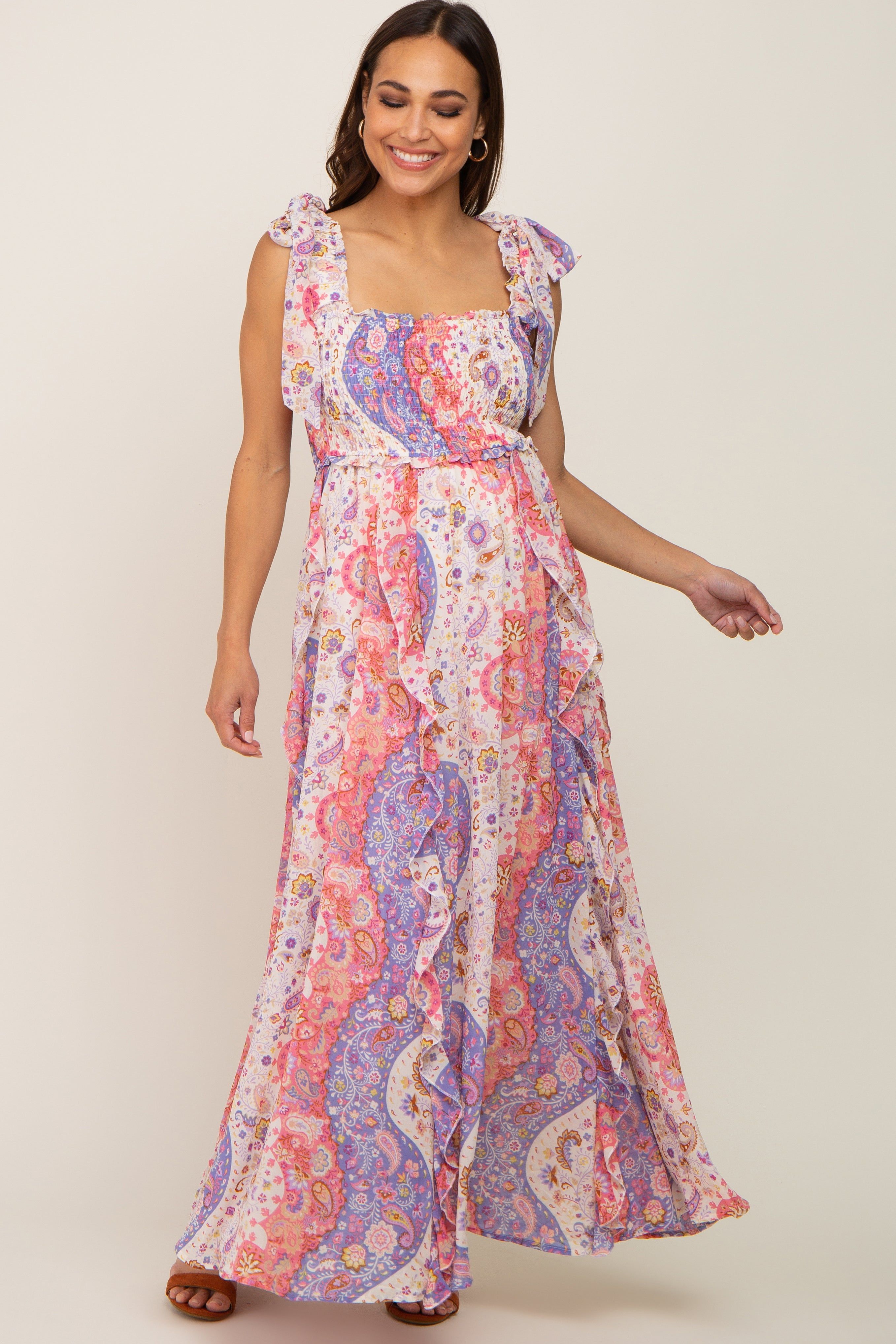 Pink Paisley Print Sleeveless Ruffle Maternity Maxi Dress sold by Pinkblush