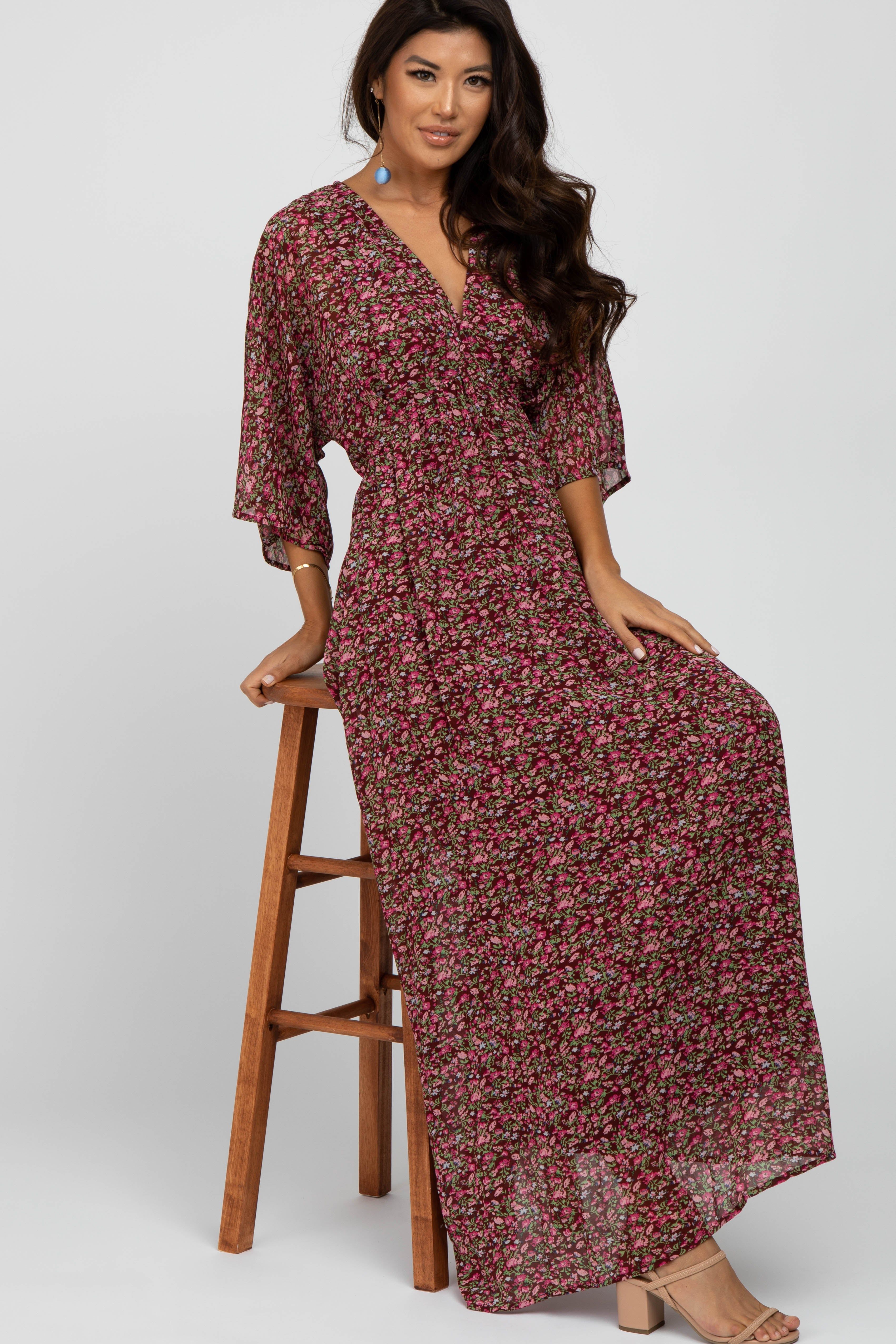 Burgundy Floral V-Neck Maxi Dress sold by Pinkblush