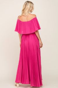 Fuchsia Pleated Layered Off Shoulder Maxi Dress sold by Pinkblush