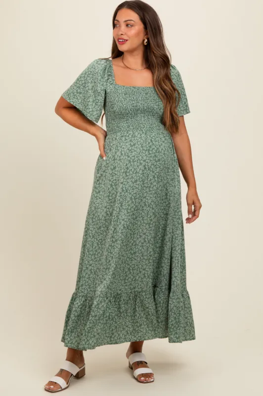 Sage Flowy Ditsy Floral Smocked Maternity Midi Dress sold by Pinkblush