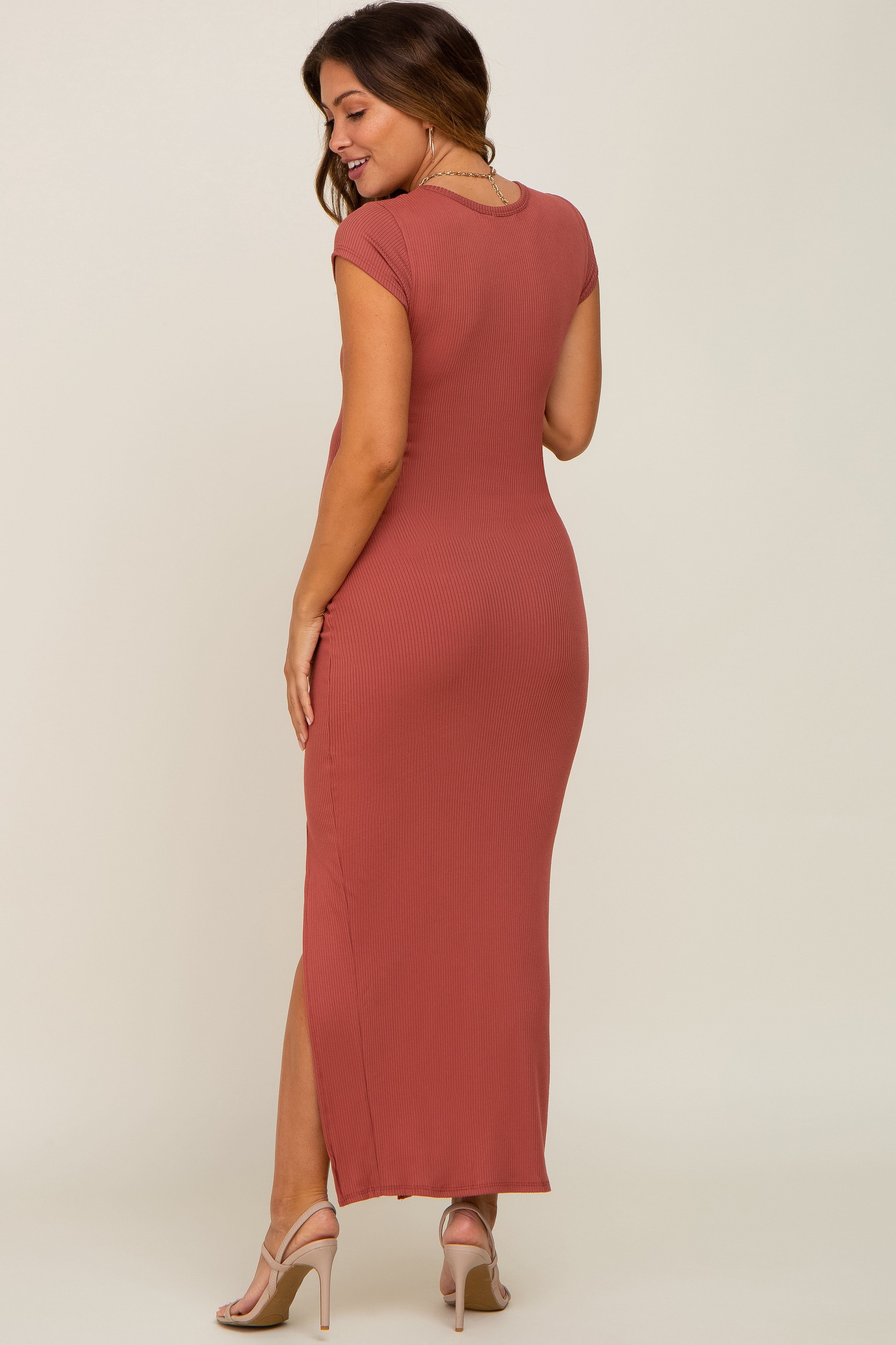 Rust Ribbed Side Slit Maternity Maxi Dress sold by Pinkblush product image thumbnail 3