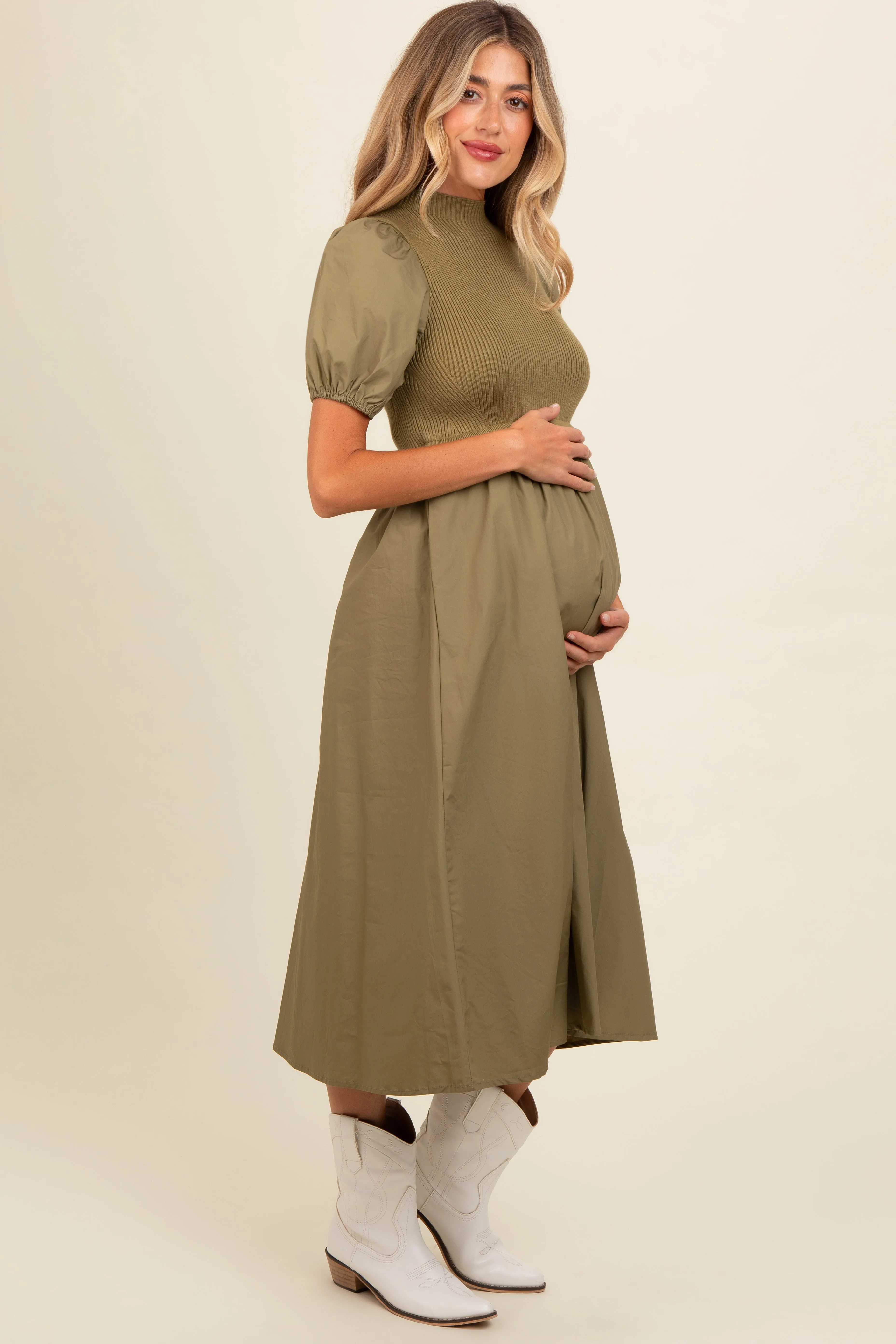 Olive Contrast Knit Bodice Maternity Midi Dress sold by Pinkblush product image thumbnail 3