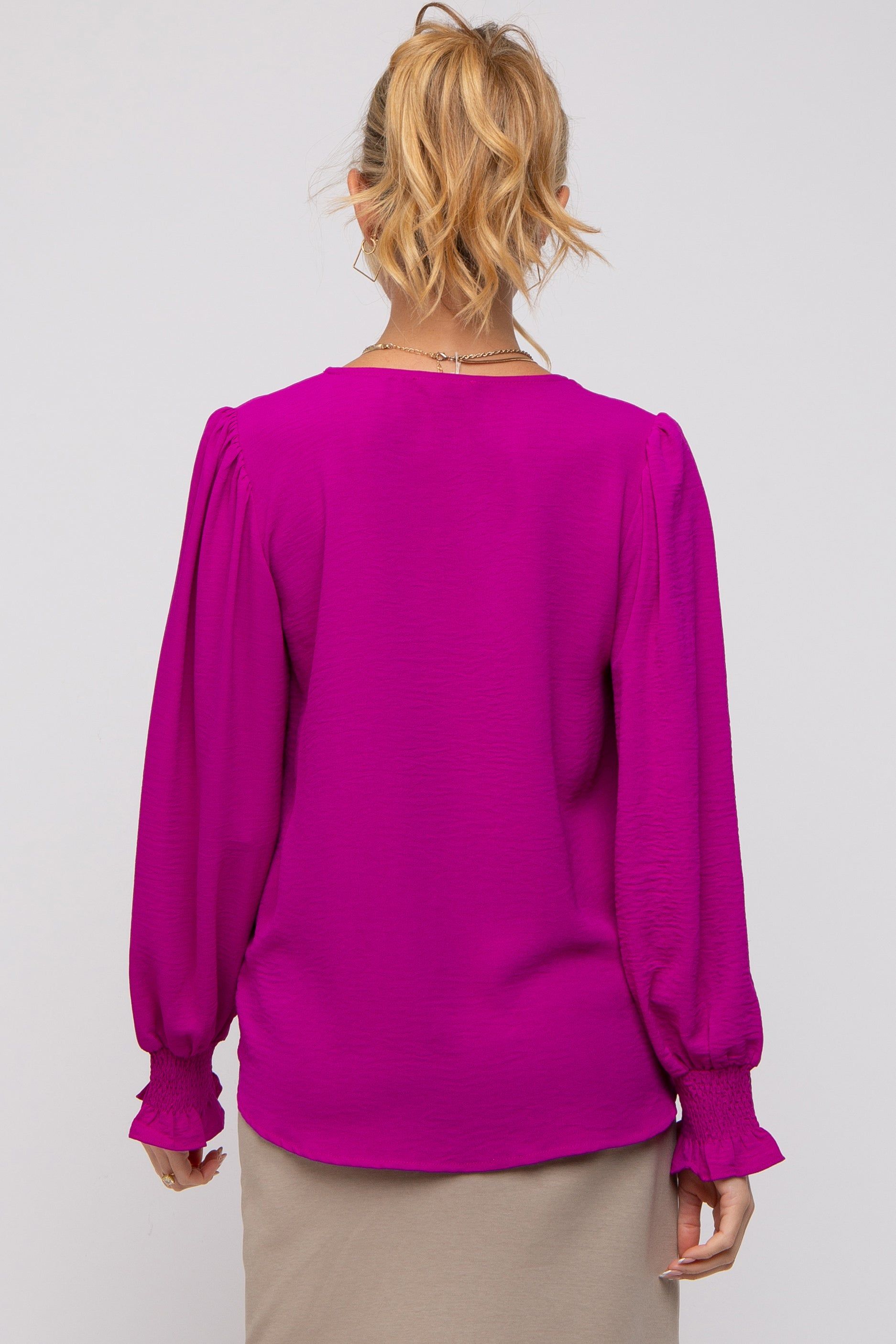Magenta Button Front Long Smocked Sleeve Maternity Blouse sold by Pinkblush product image thumbnail 3