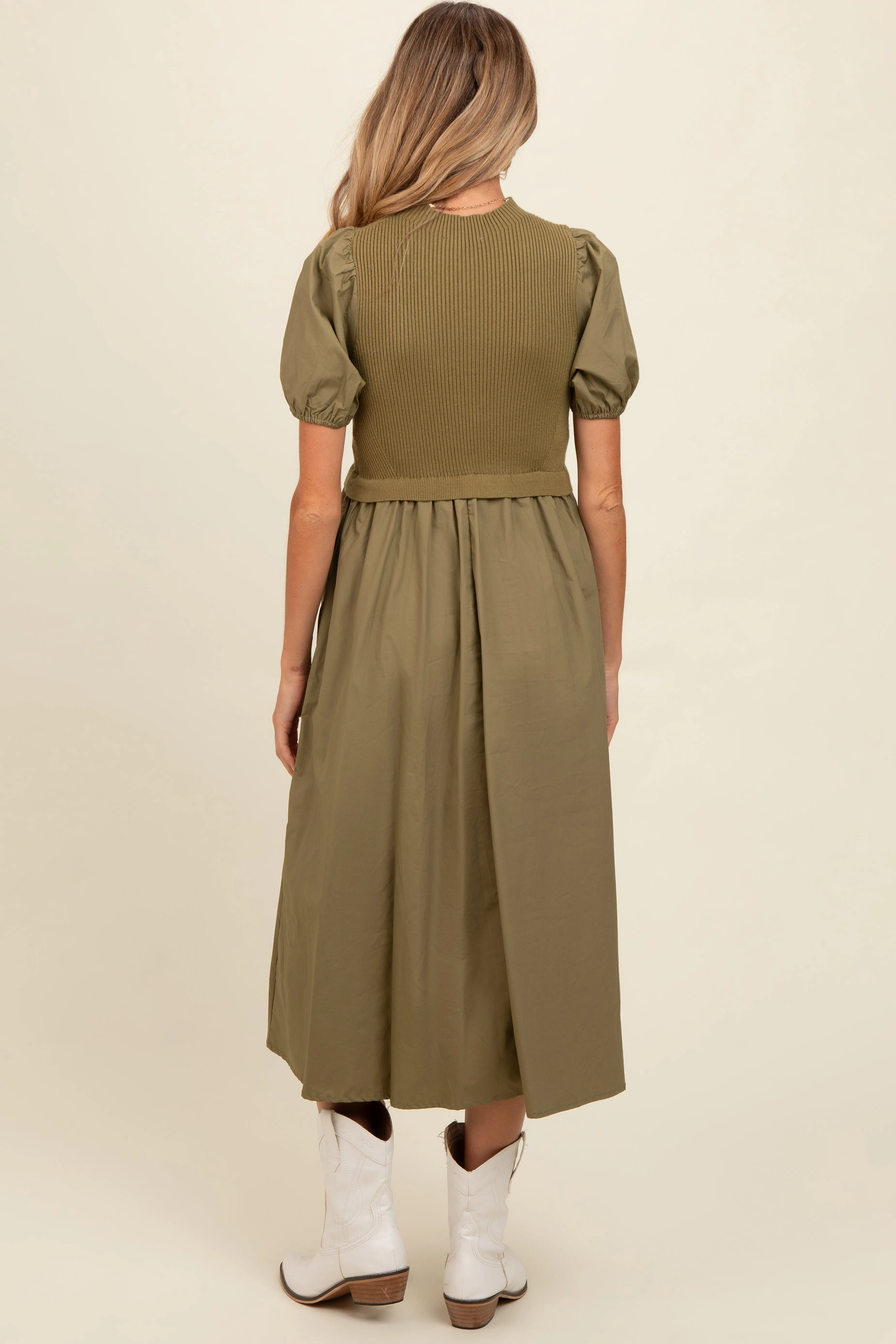Olive Contrast Knit Bodice Maternity Midi Dress sold by Pinkblush product image thumbnail 4