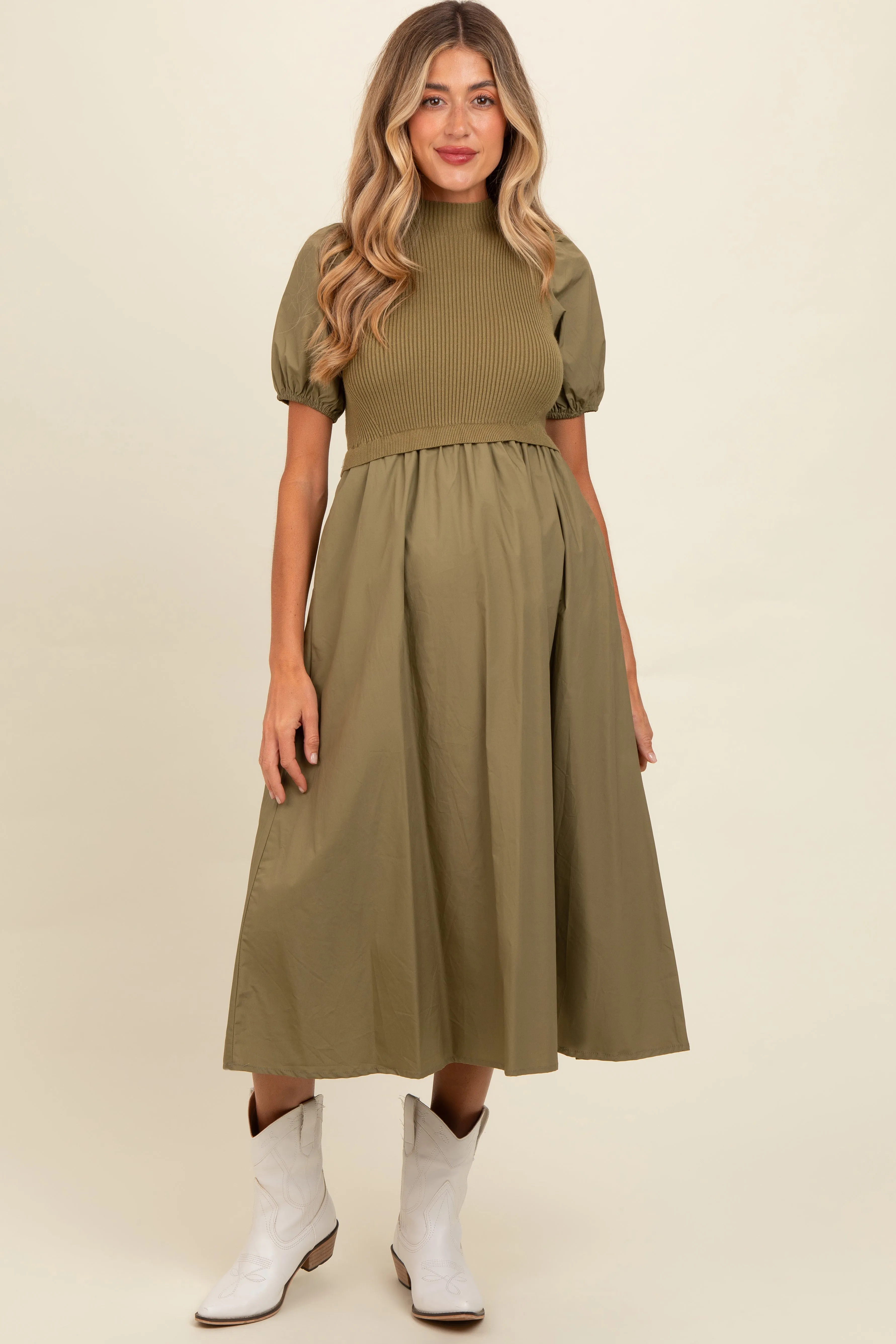 Olive Contrast Knit Bodice Maternity Midi Dress sold by Pinkblush