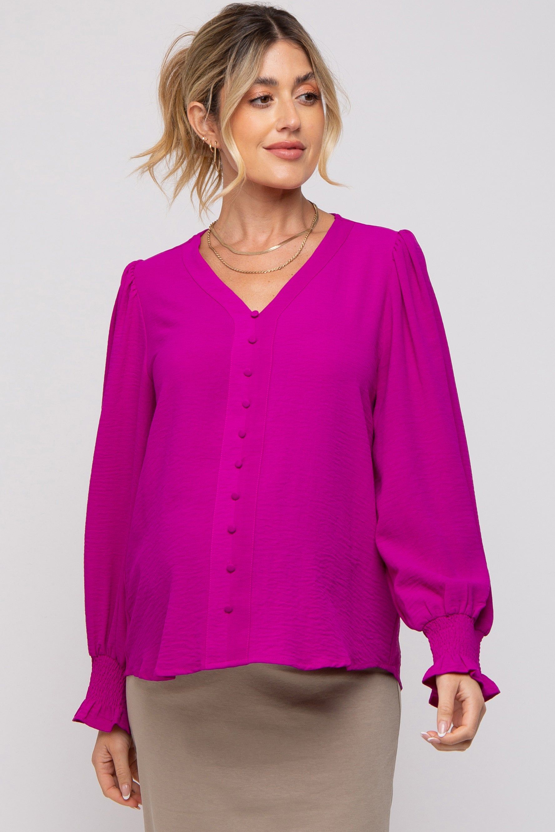 Magenta Button Front Long Smocked Sleeve Maternity Blouse sold by Pinkblush