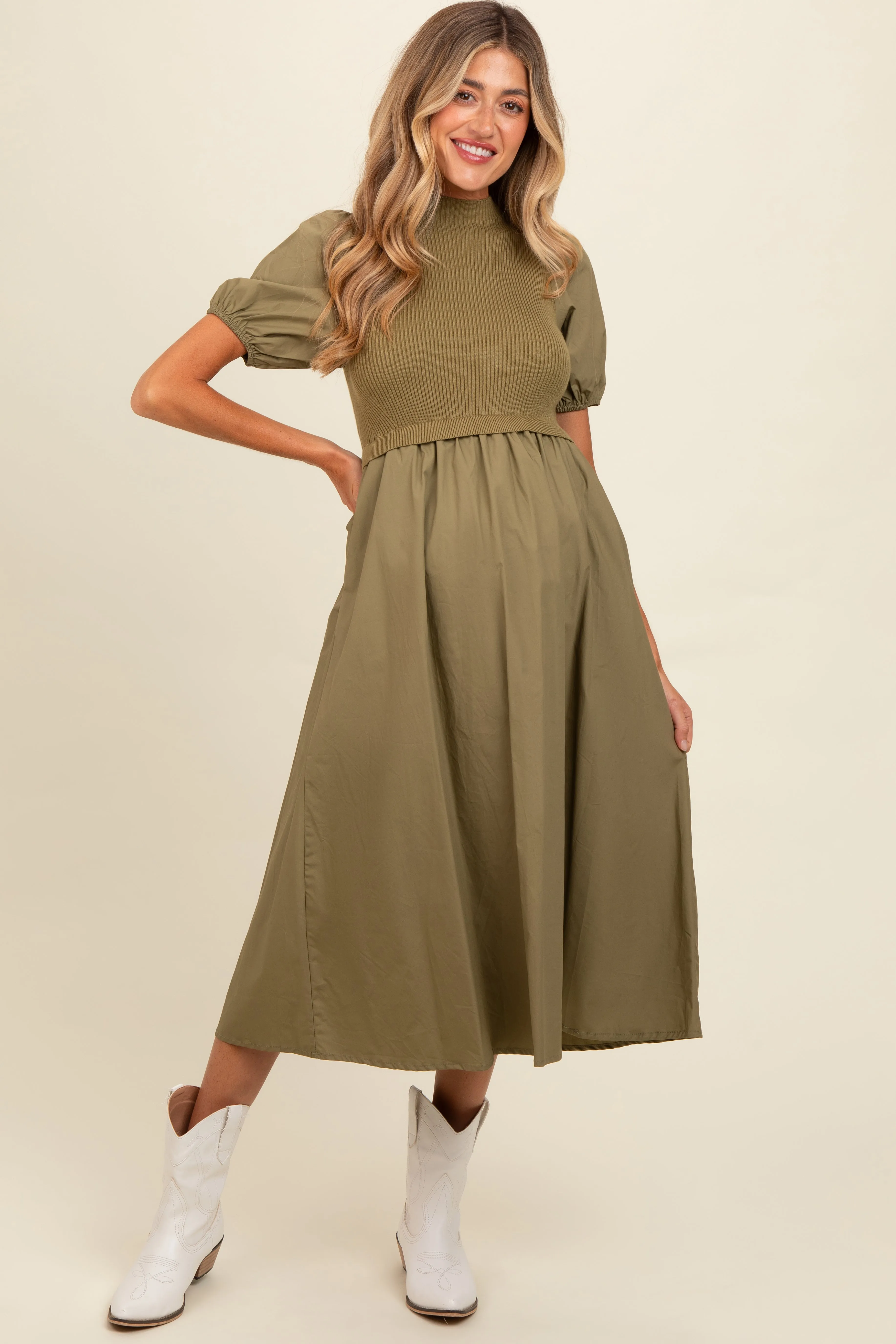 Olive Contrast Knit Bodice Maternity Midi Dress sold by Pinkblush product image thumbnail 2
