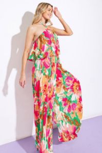 Turquoise Abstract Floral Pleated Jumpsuit sold by Pinkblush