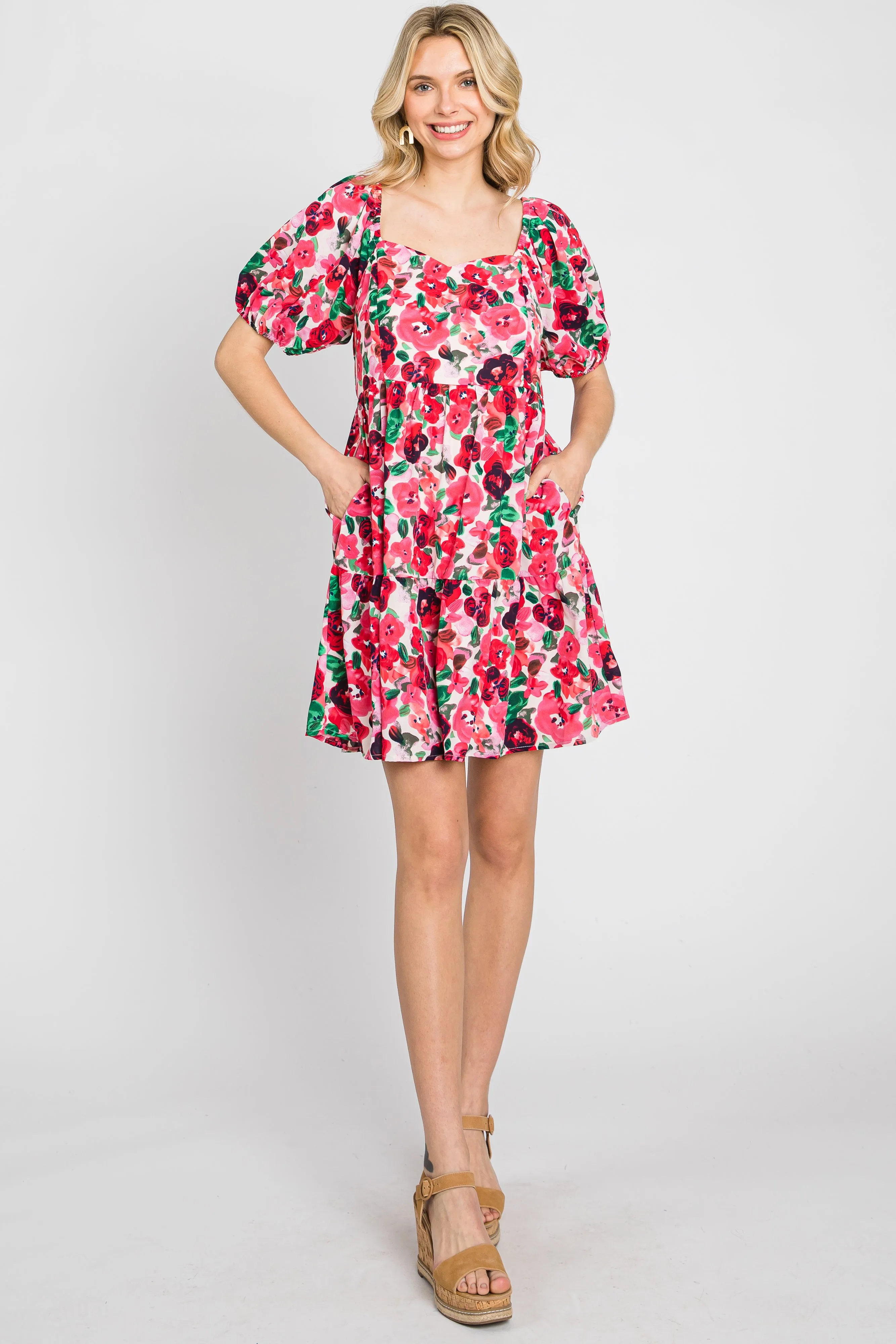 Pink Floral Sweetheart Neck Short Puff Sleeve Dress sold by Pinkblush product image thumbnail 3