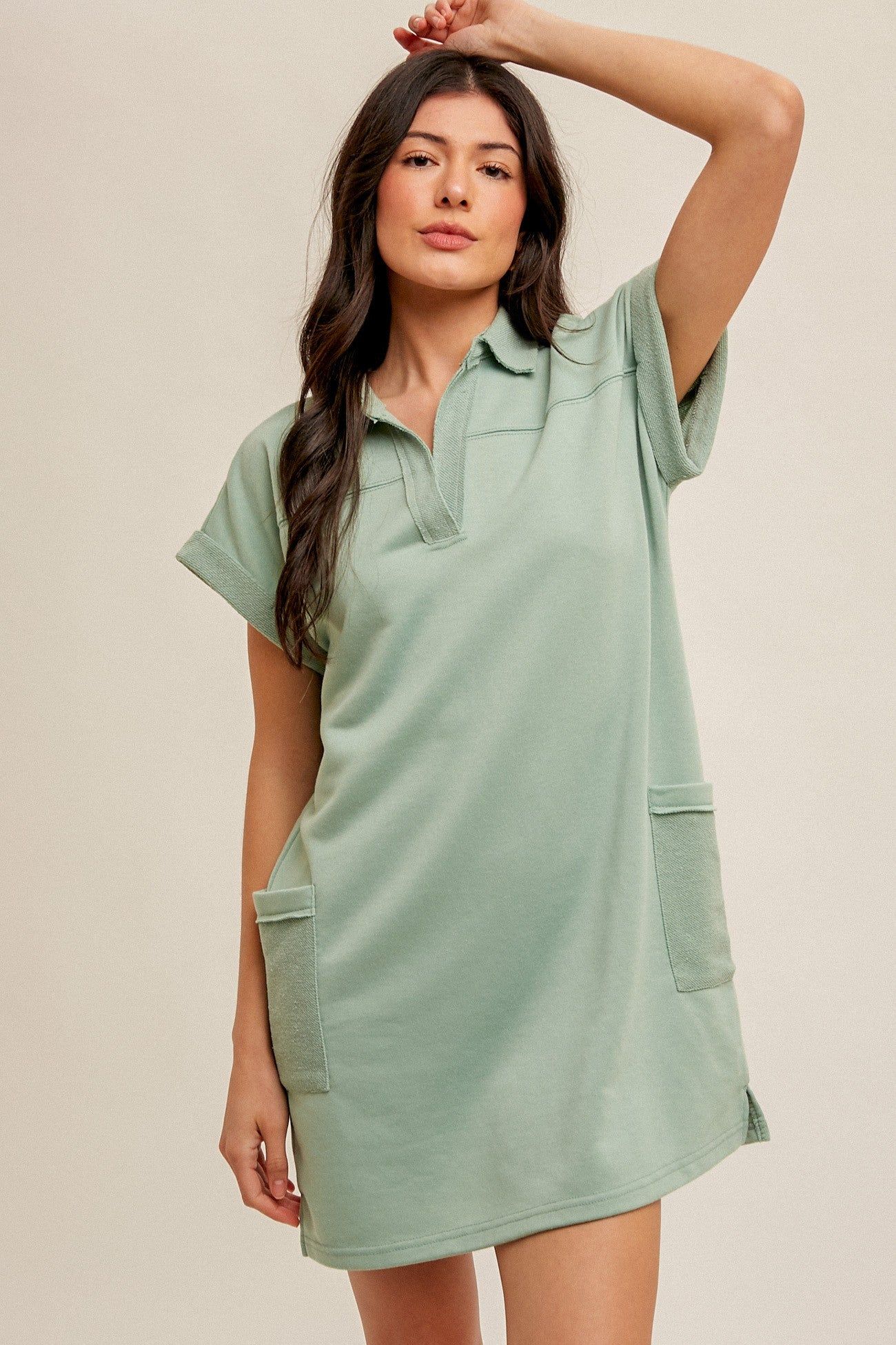 Mint Terry Cuff Sleeve Pocketed Collared Maternity Dress sold by Pinkblush product image thumbnail 5