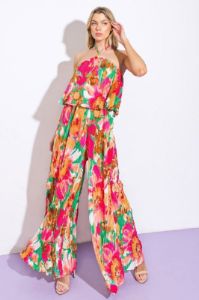 Turquoise Abstract Floral Pleated Jumpsuit sold by Pinkblush